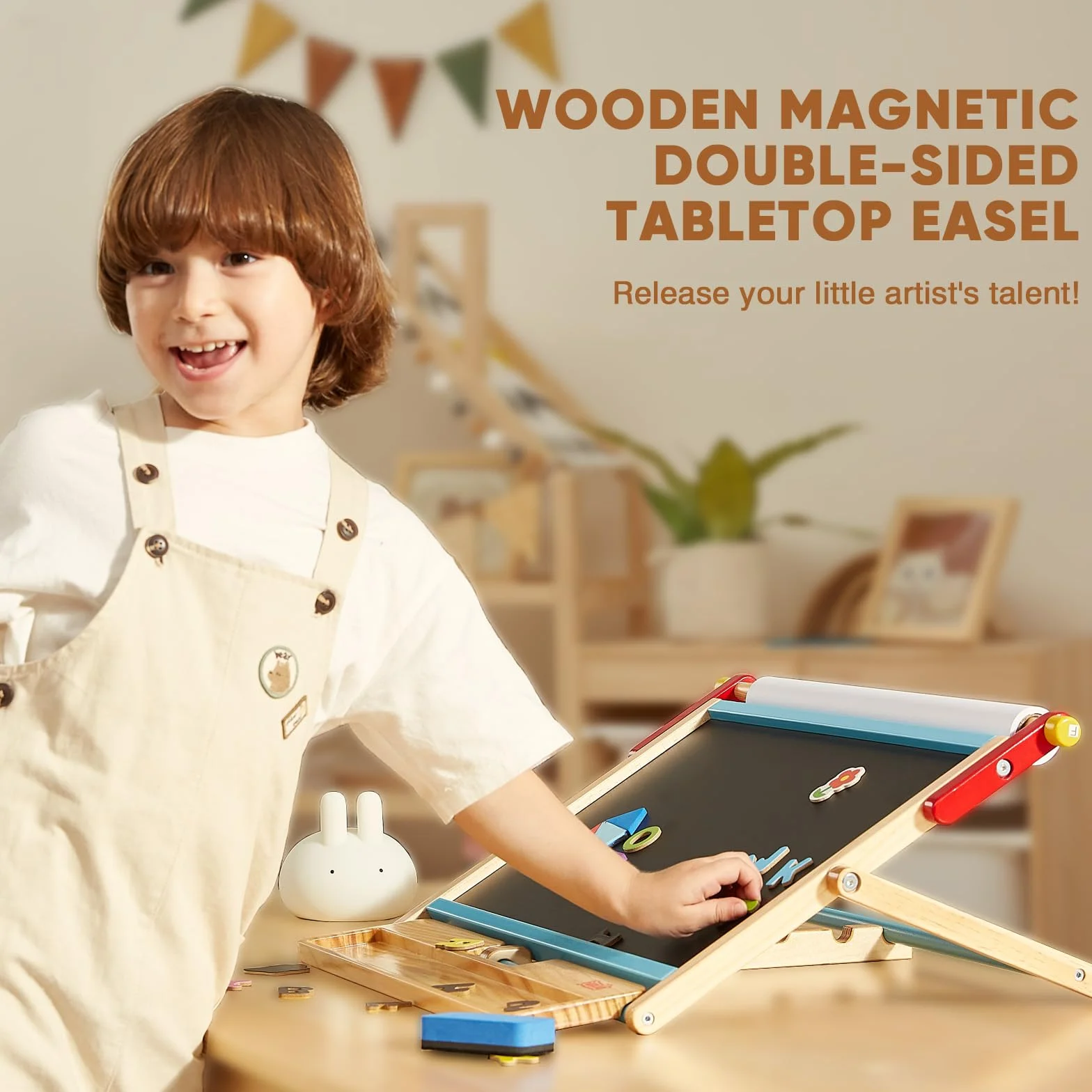 FUNLIO Cavalletto da Tavolo 3-in-1 per Bambini 3+ (100+ accessori), Lavagnetta Magnetica in Legno, Lavagna Cancellabile per Bambini con Rotolo Carta, 3 Angoli Regolabili, Pieghevole - Blu