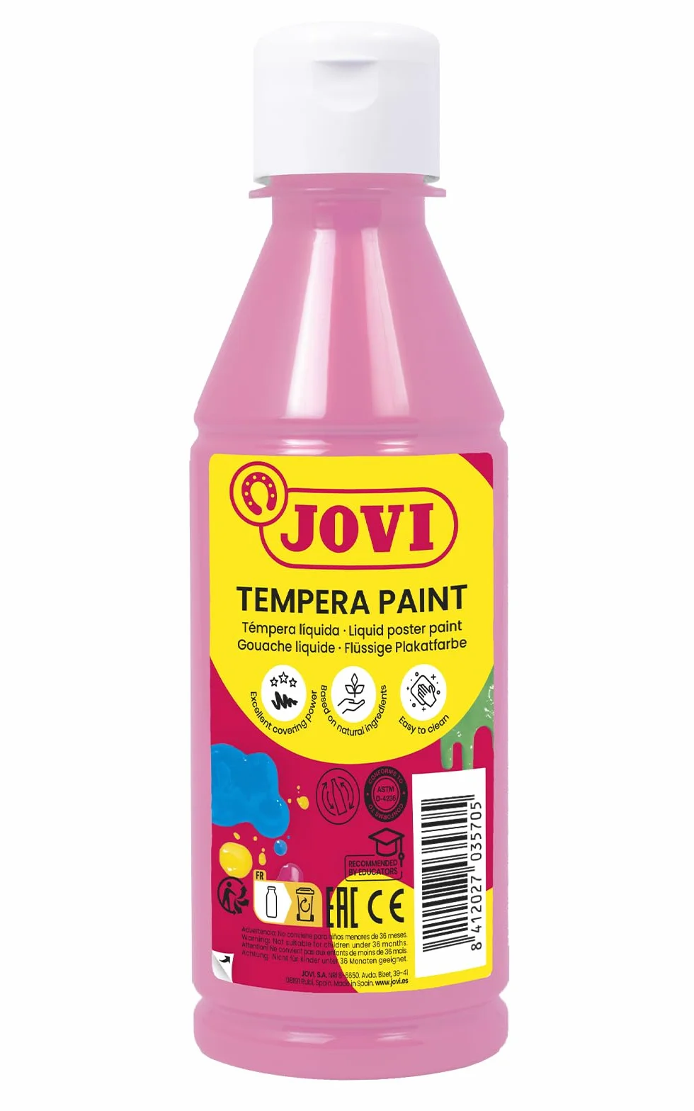 Jovi - Tempera liquida da 250 ml, colore rosa, vernice a base di ingredienti naturali, facile da lavare, senza glutine, ideale per l'uso scolastico (50205)