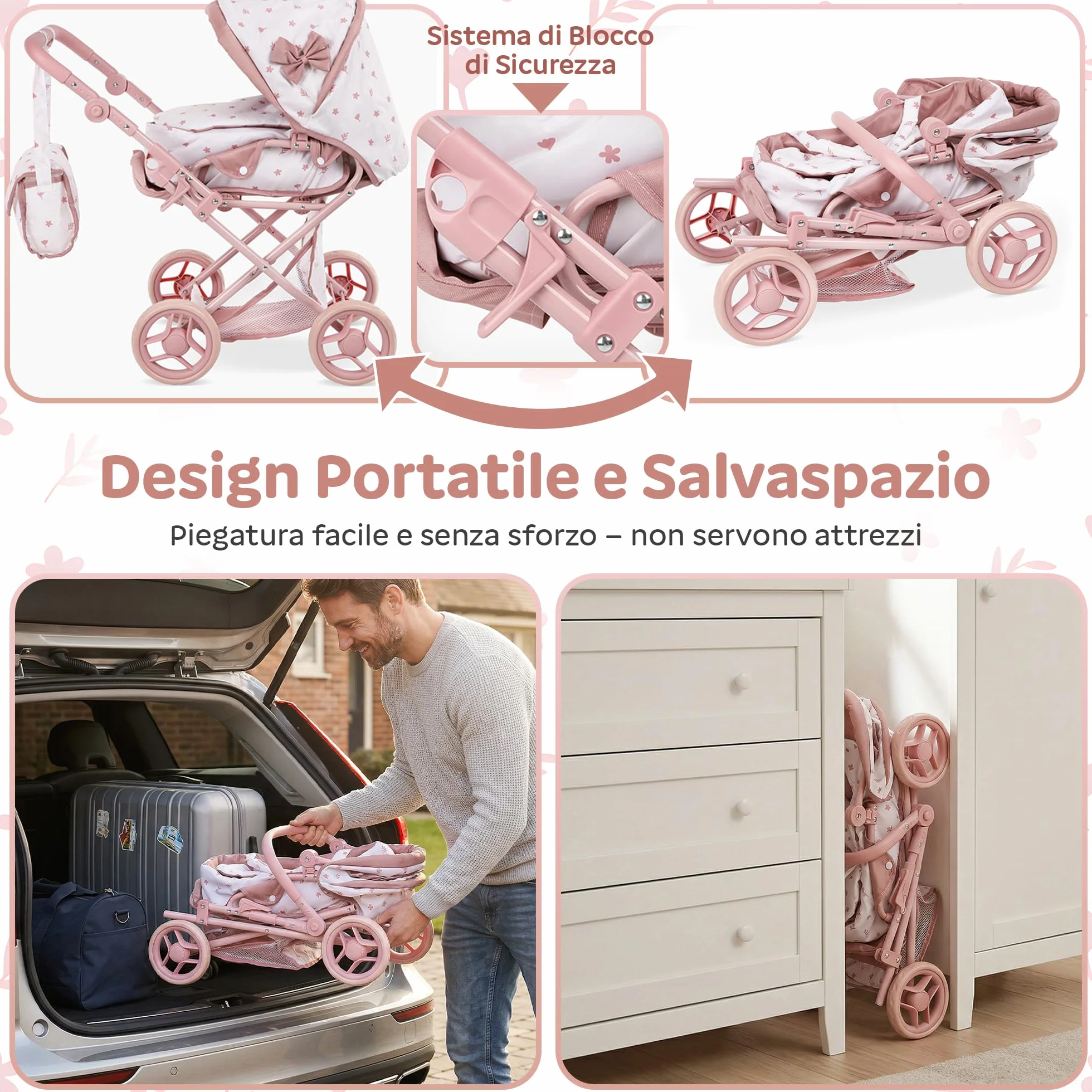 Kinderplay Passeggino per bambole 3 in 1 rosa con borsa per il trasporto – Passeggino regolabile in altezza 36,5 – 64 cm, pieghevole, ruote in schiuma silenziose, per bambole fino a 40 cm, dai 3 anni