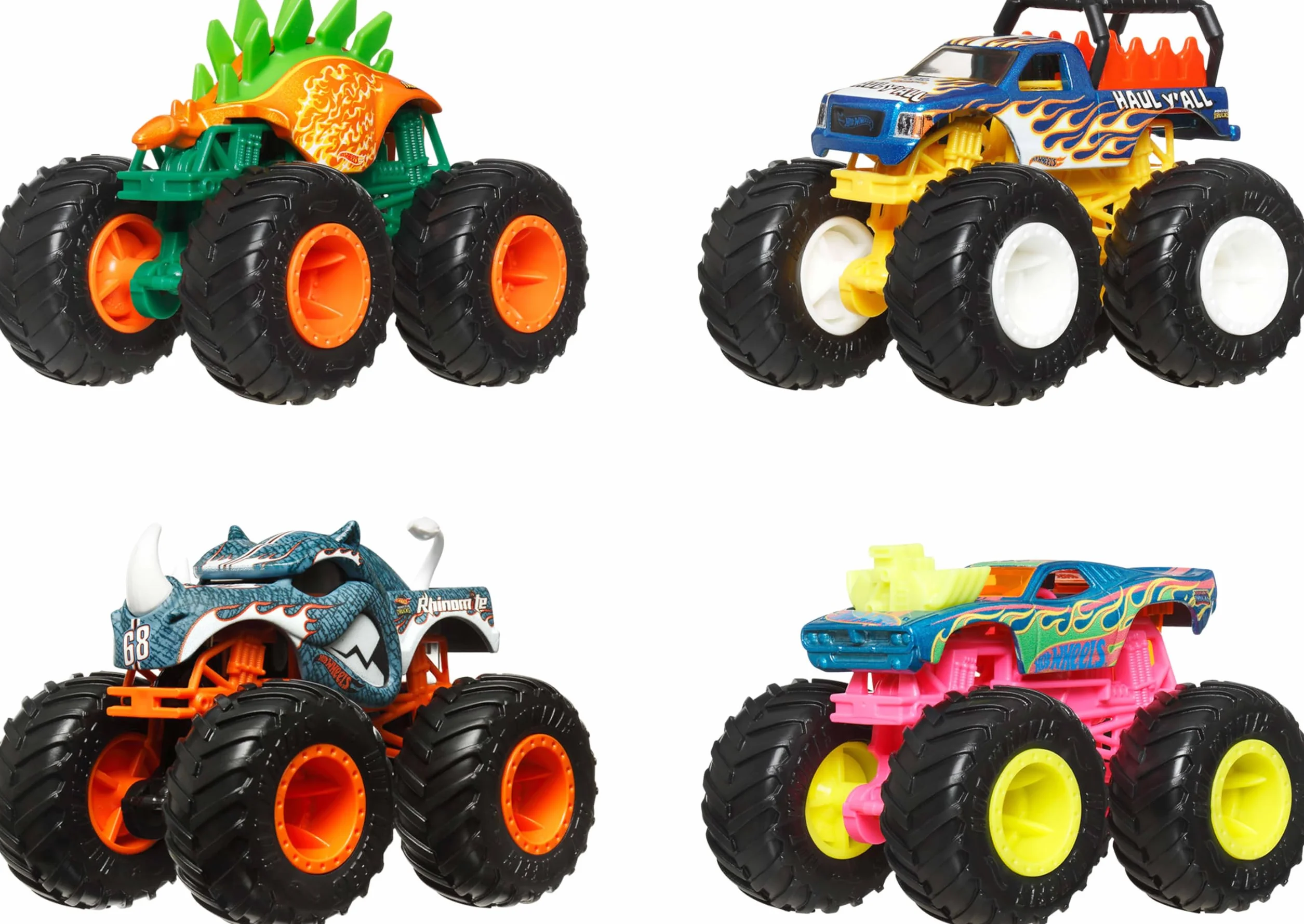 Hot Wheels Monster Trucks - Set da 4 veicoli in scala 1:64 con ruote giganti e design da urlo, colleziona i personaggi più amati, giocattolo per bambini, 3+ anni, JGD65