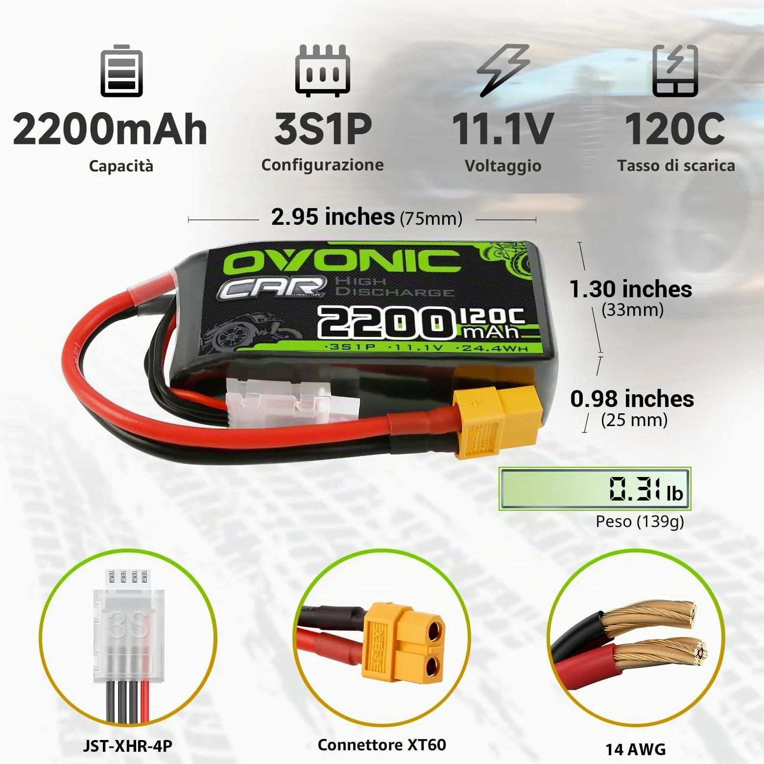 OVONIC Batteria 3s Lipo da 11,1 V 120 C 2200 mAh Shorty Pack con spina XT60 per aerei ed elicotteri Speciale per auto RC 1:14 (confezione da 2)