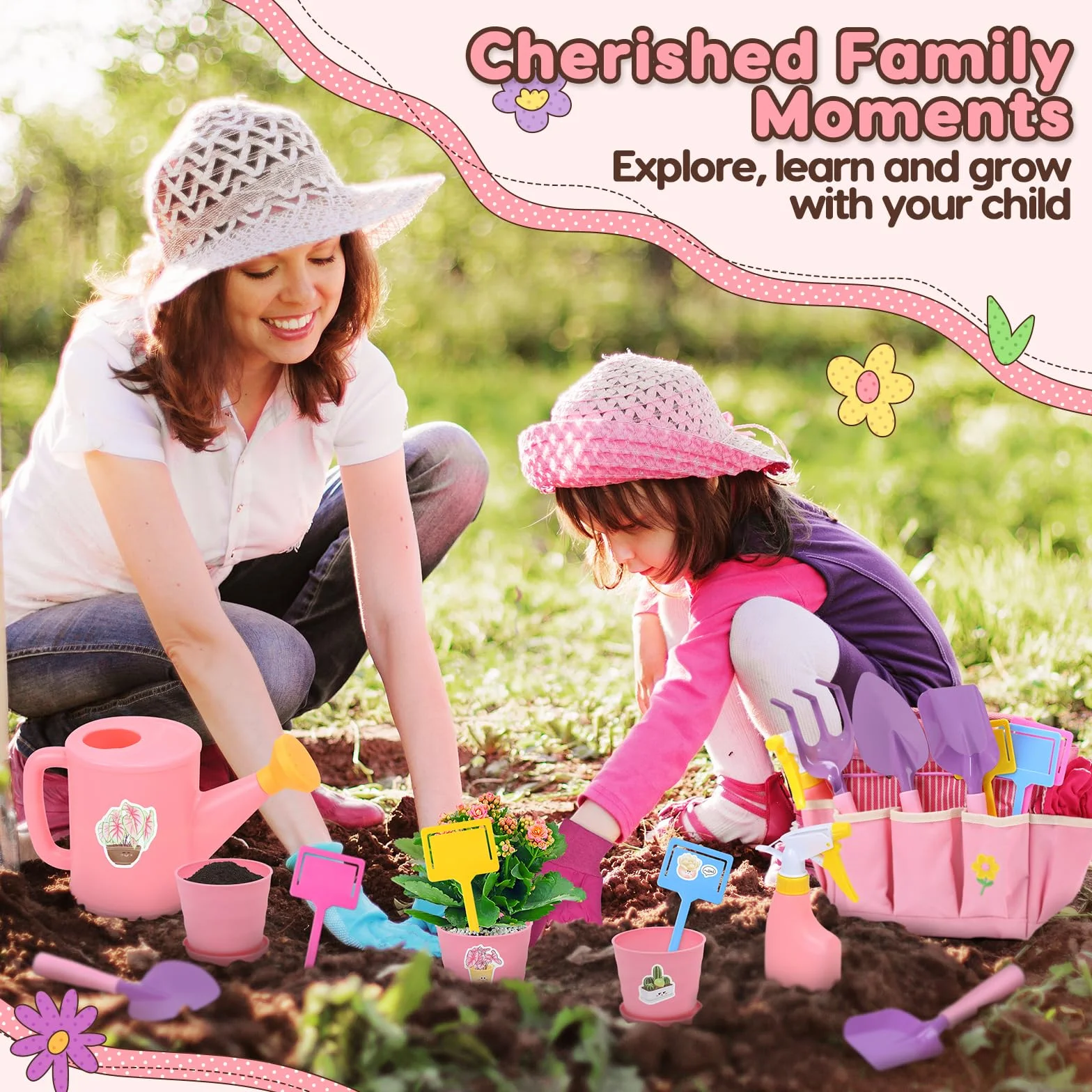 CUTE STONE Set Di Attrezzi Da Giardino per Bambini, Kit Giardinaggio Bambini Include Grembiule, Guanti Da Giardino, Paletta Giardinaggio, Borsa Da Giardinogiocattoli da esterno per bambini (Rosa).