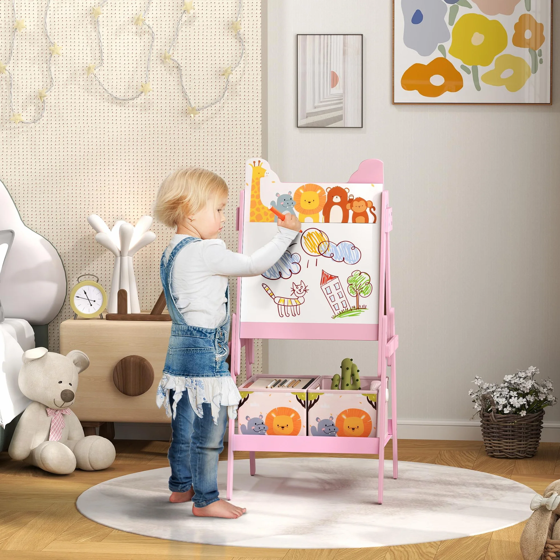 AIYAPLAY Cavalletto Artistico per Bambini in Legno 3-8 Anni con Lavagna Bianca e Nera 53.5x49x113 cm Rosa