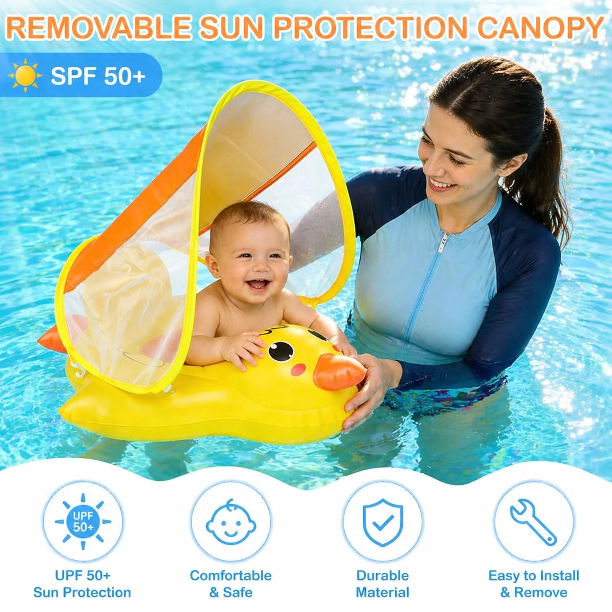 Qingning Galleggiante Neonato con Parasole Rimovibile, Anatra Salvagente Gonfiabile con Sedile di Sicurezza per Bambini, Galleggianti da Piscina Baby con Protezione Solare, Salvagente per Neonati