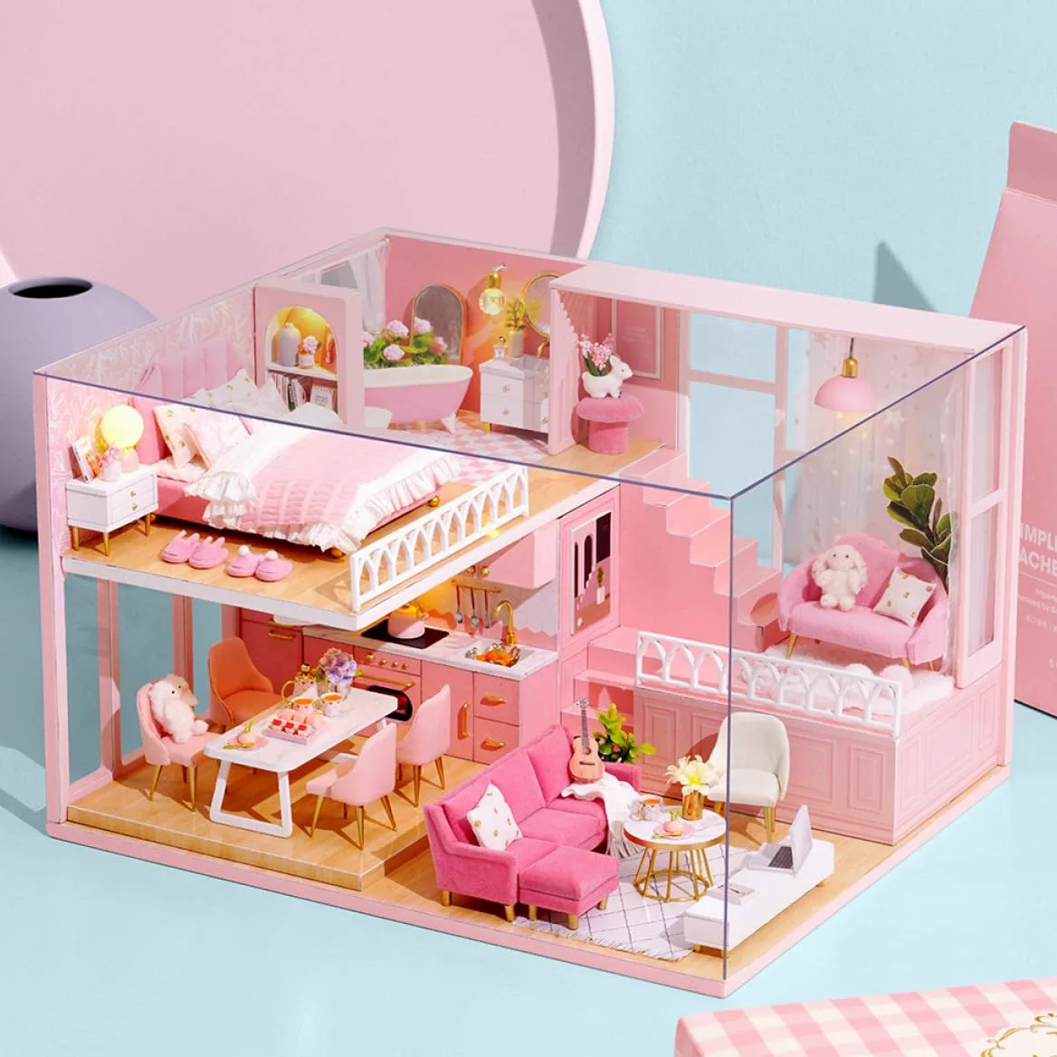 Casa delle Bambole Fai da Te in Legno e Carta Creativa per Ragazzo Ragazza | Gioco Immaginativo, Design Elegante, per Famiglia e Soggiorno, Costruzione Facile da Montare e Semplice