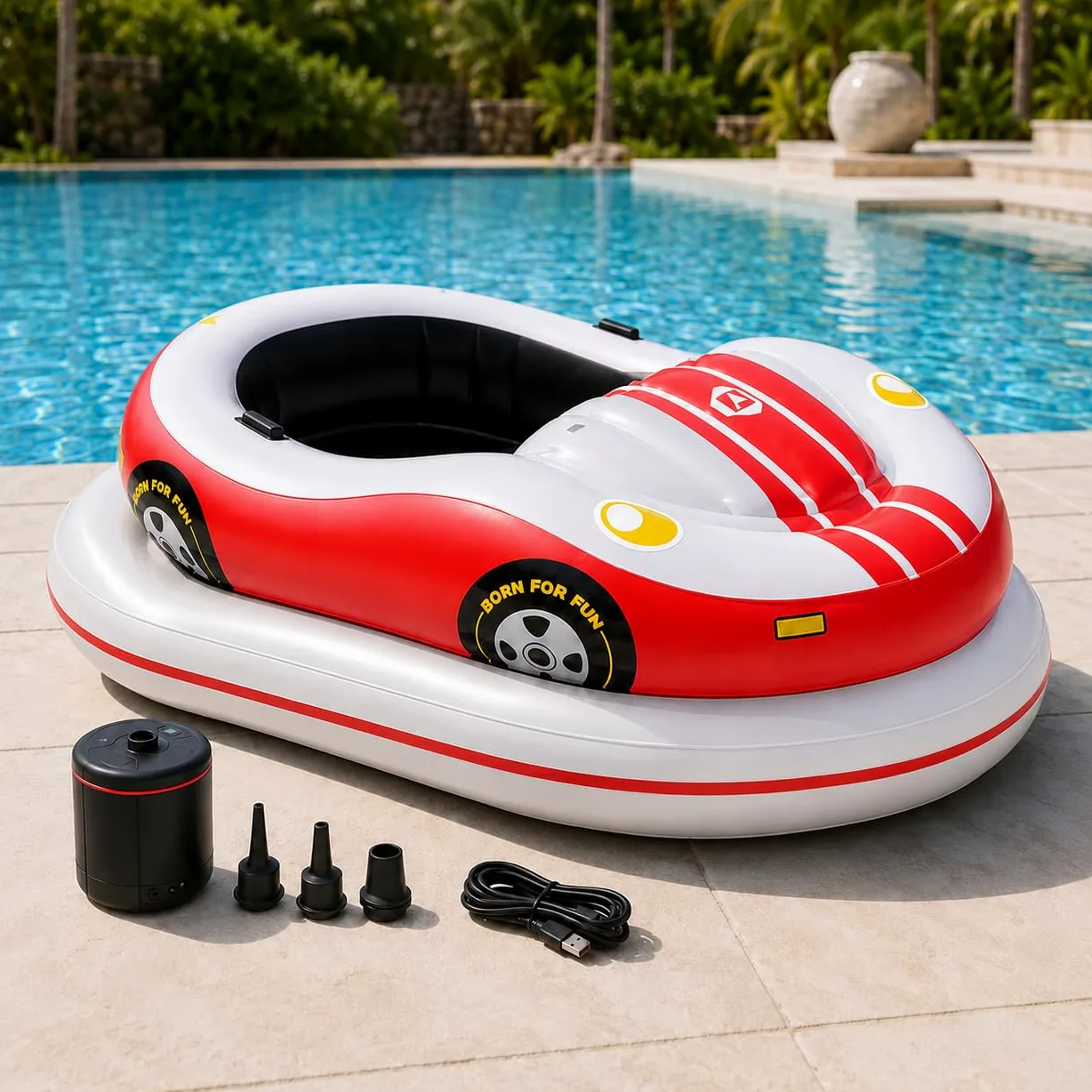 Lettino Galleggiante Motorizzato per Piscina, Poltrona Gonfiabile Elettrica con Joystick Multidirezionale, Batteria Ricaricabile da 2600 mAh e Pompa ad Aria Inclusa Red-1battery