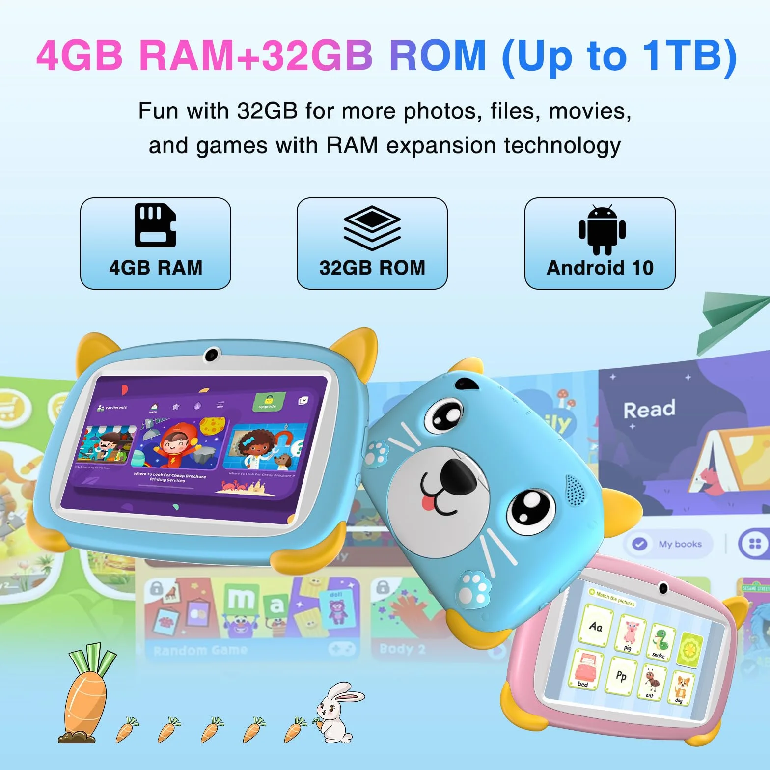 U7 Tablet per Bambini 7 Pollici, Android Tablets, Tablet bambini,4GB (2GB+2GB) RAM+32GB ROM/TF 1TB, compatibile con Kids Space, Kids Software, Wifi,Tablets PC con Controllo Parentale Blu