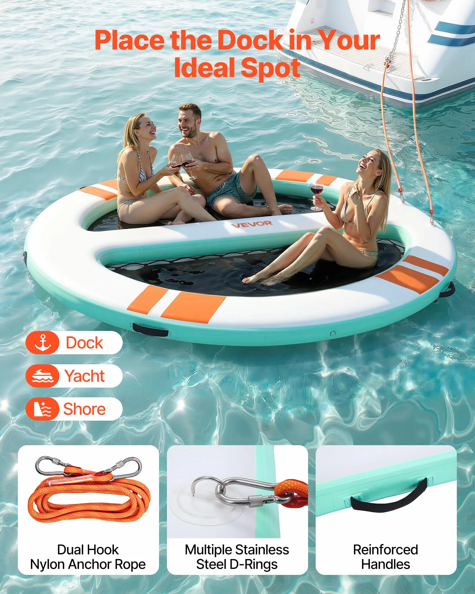 VEVOR Pontile Galleggiante Gonfiabile 3,05 x 2,44 m, Piattaforma Galleggiante per Piscina Spiaggia Mare Feste Sport Acquatici con Tenda Scala Borsa da Trasporto Portatile Scaletta Rimovibile, Blu