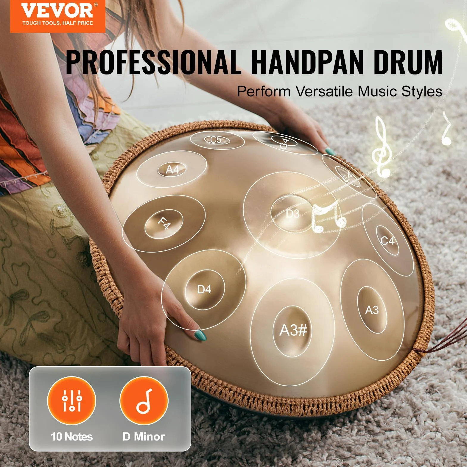 VEVOR Handpan Tamburo 550 mm, 10 Toni in Re Minore - Con Mazze, Supporto, 432 Hz Borsa per Trasporto - Strumento Sonoro Curativo per Adulti Principianti
