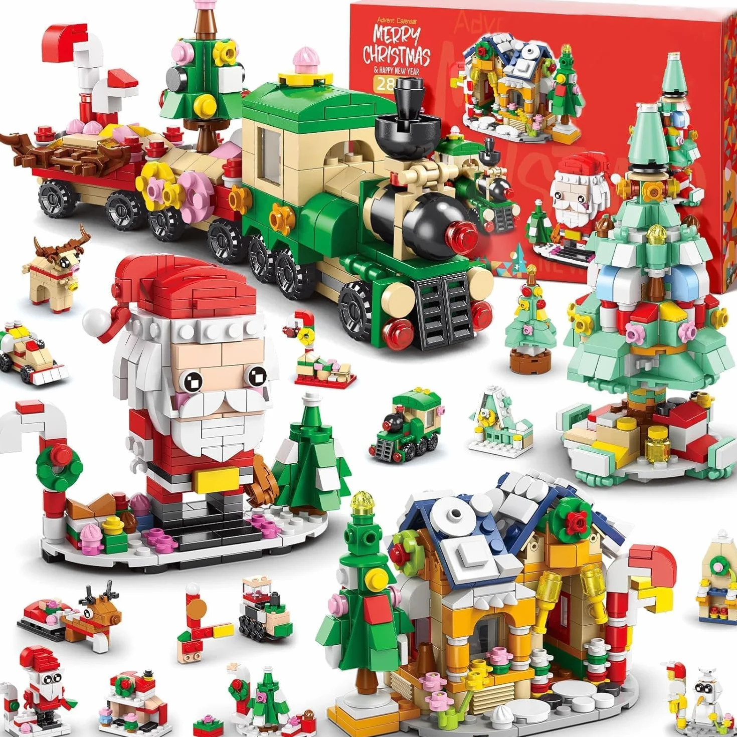 KAHEIGN Calendario Dell'avvento 2025, Conto alla Rovescia di Natale di 24 Giorni con 1123 Pezzi 6 in 1 Treno Babbo Natale Casa Albero Blocchi da Costruzione per Bambini Natales Regali Bomboniere