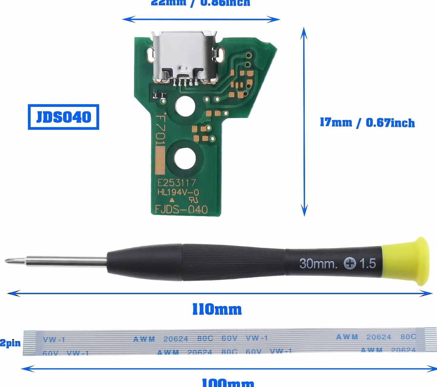 4 PZ Scheda di Interfaccia JDS-040 e 12 Pin Cavo Nastro Compatibile con PS4 Pro / PS4 Slim Controller Wireless Sostituzione Porta di Ricarica