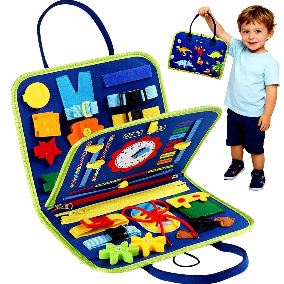 Pannello Sensoriale Montessori, DIY Libro delle attività in Feltro, Libro Illustrato in Tessuto 3D con attività, Giochi Educativi con Puzzle per Ragazzi e Ragazze 2 3 4 5 6 Anni