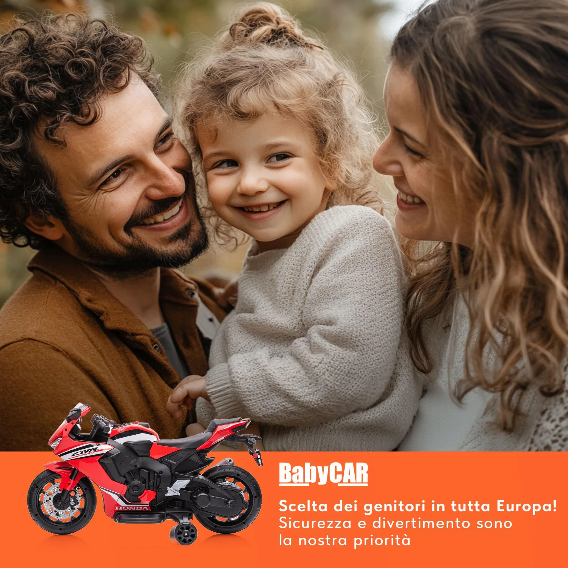 BabyCar Moto Elettrica Bambini Honda CBR 12V | Moto Elettrica Bambini 3-5 Anni con Luci, Suoni e Rotelle Stabilizzatrici | Batteria 12V 3,5Ah, Motore 30W e Acceleratore a Pedale | Rosso
