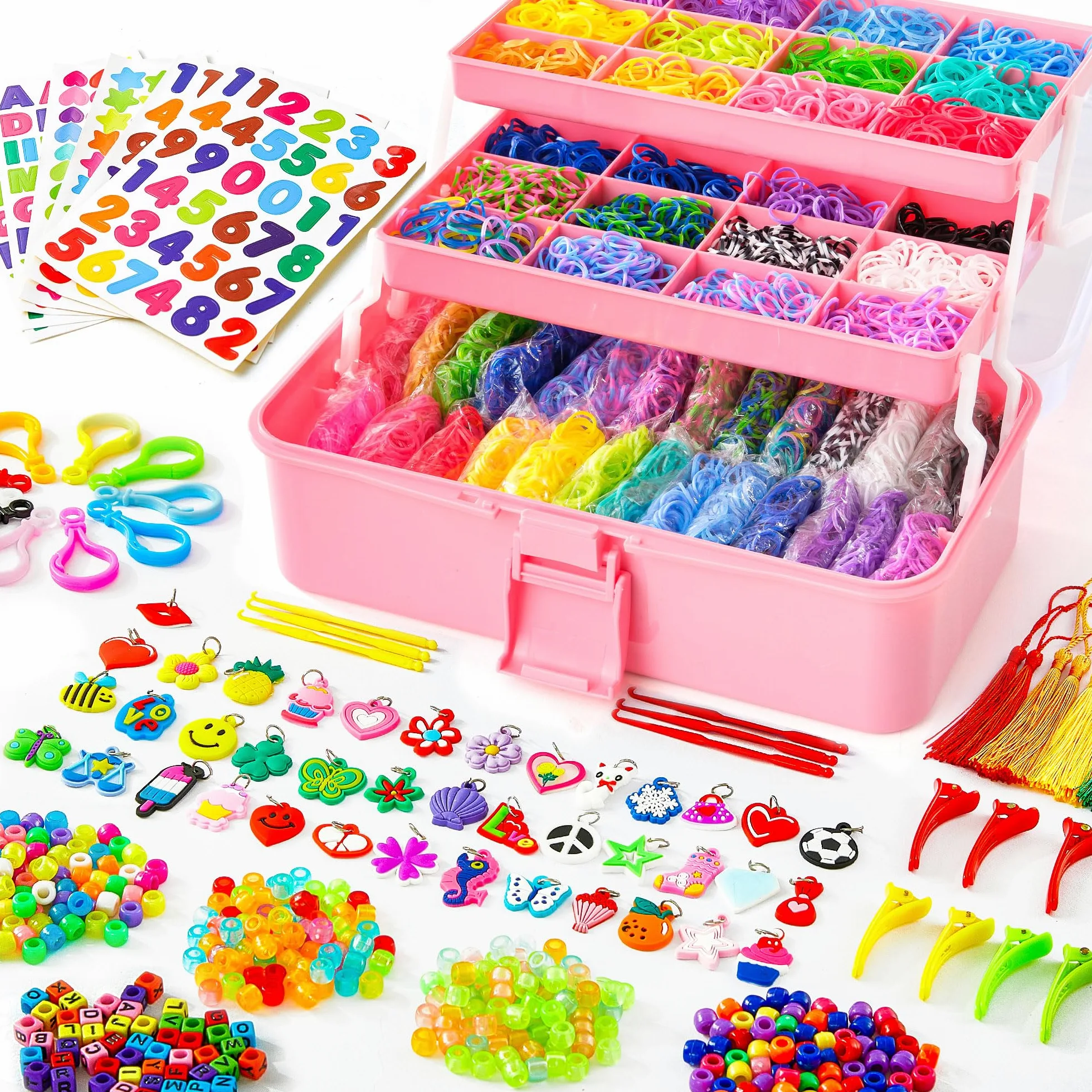 INSCRAFT 17500+ elastici in gomma con contenitore rosa a 3 strati, 28 colori, 600 clip a S, 352 perline, 40 ciondoli a forma di cartone animato, kit di ricarica per braccialetti per bambini