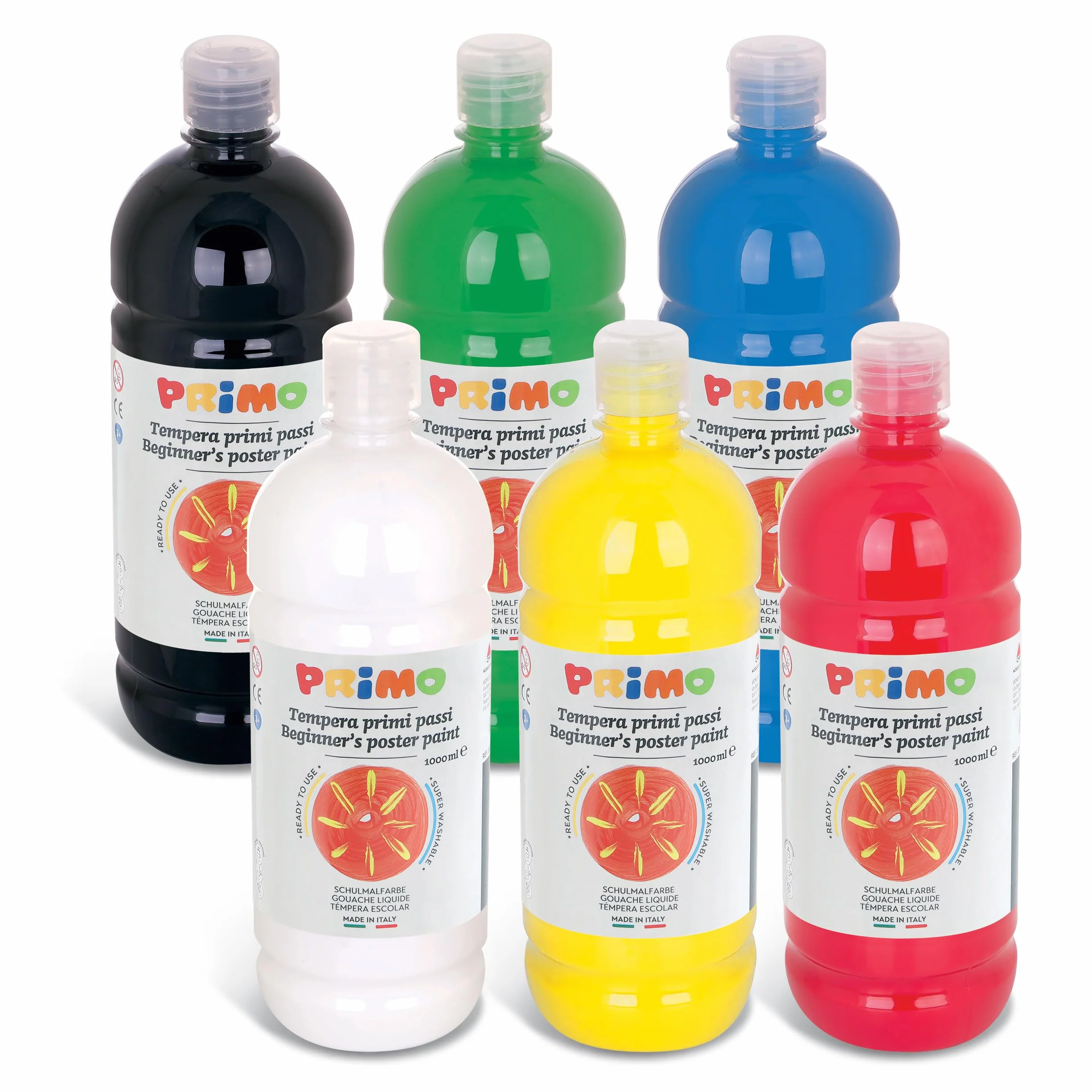 PRIMO Tempere Lavabili per Bambini 6 Colori 1L con Dosatore Pittura Carta Stoffa Vetro