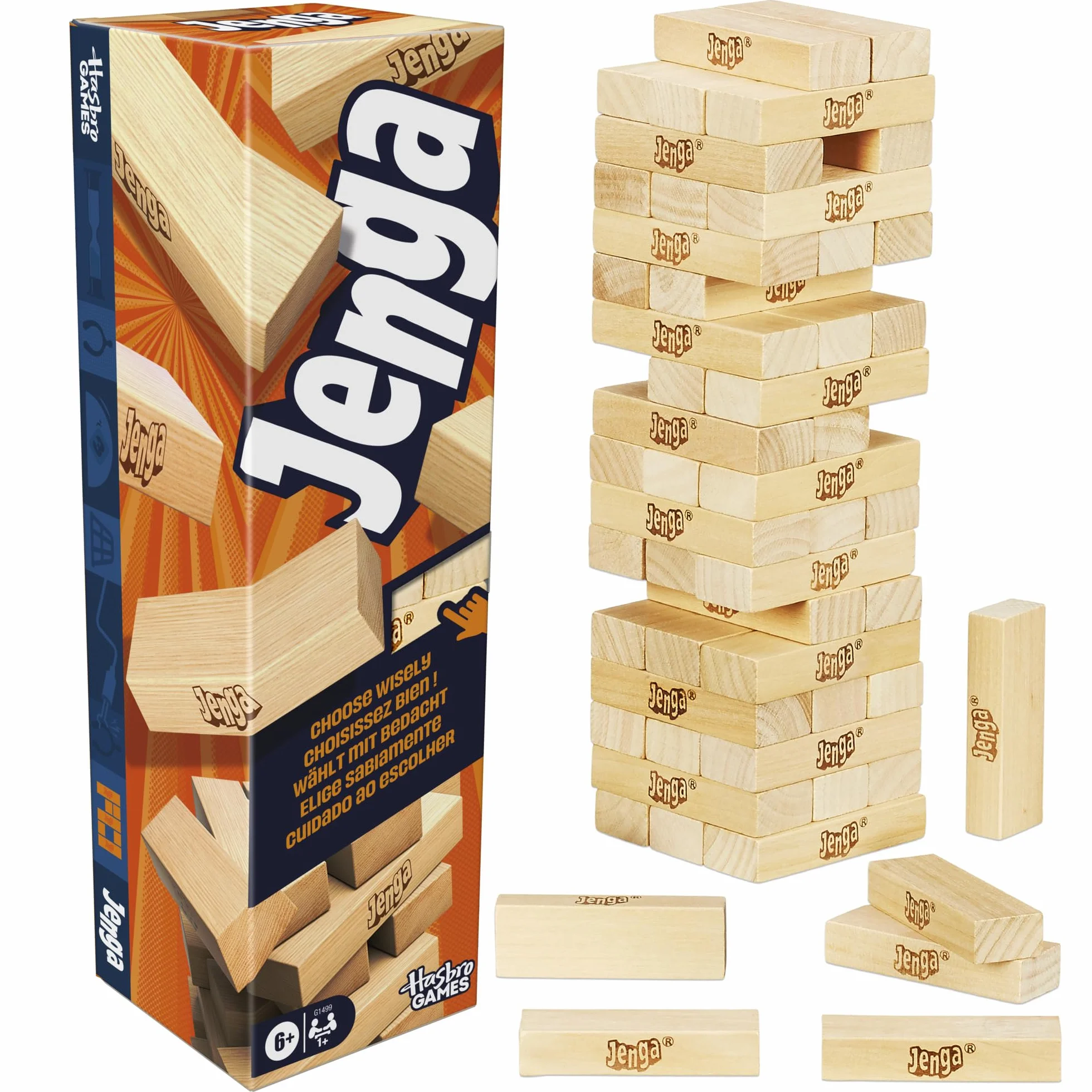 Hasbro Gaming, Jenga con Dado Digitale, Gioco di Impilamento per Famiglia e Amici, Idea Regalo, per Bambini e Bambine dai 6 Anni in Su, Contiene 54 Mattoncini in Legno, per 1 o Più Giocatori