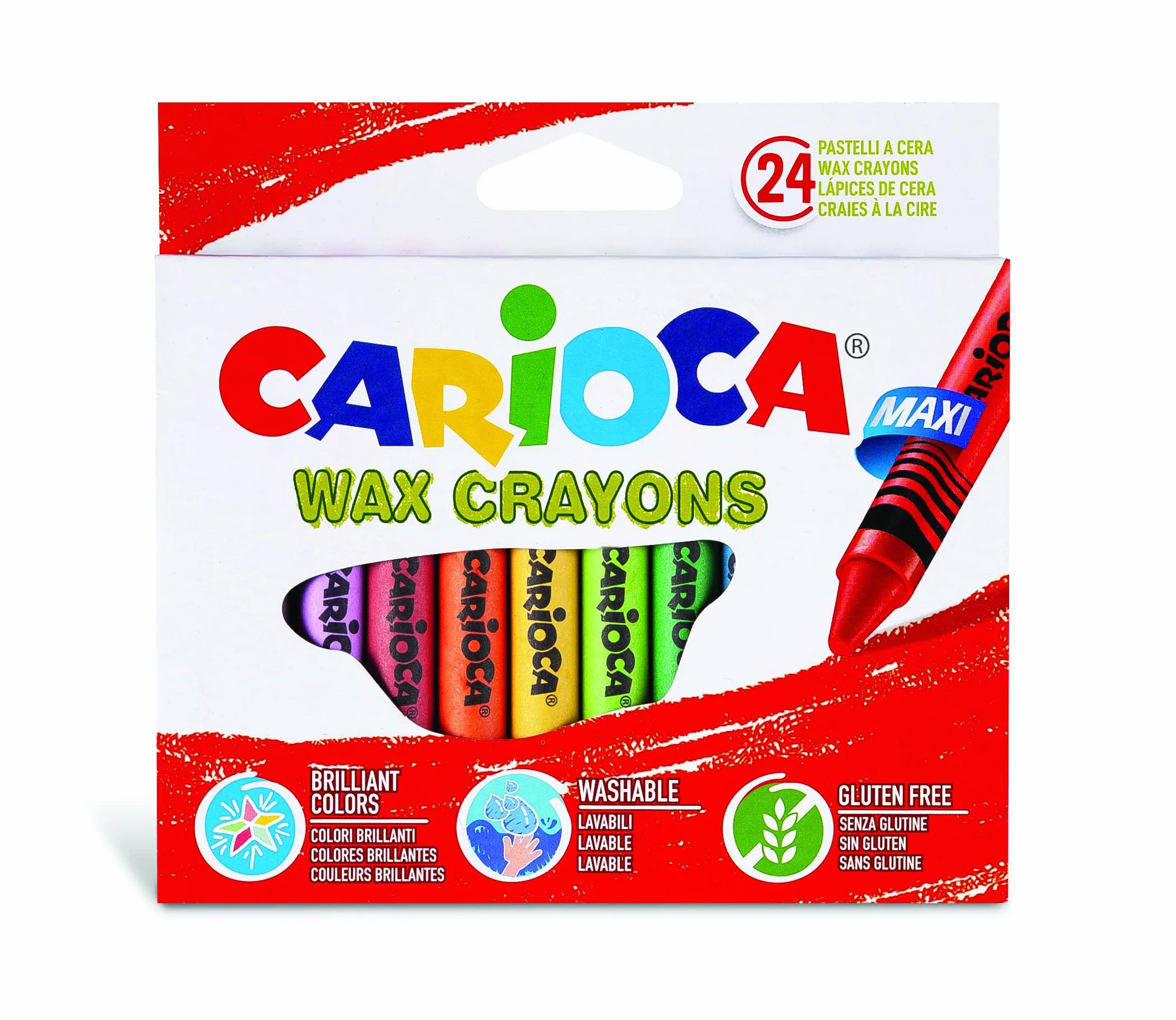 CARIOCA Pastelli Maxi Wax, Pastelli a Cera Lavabili con Punta Grossa per Bambini, Morbidi e Scorrevoli, Colori Assortiti e Brillanti, Facili da Temperare, 24 Pezzi