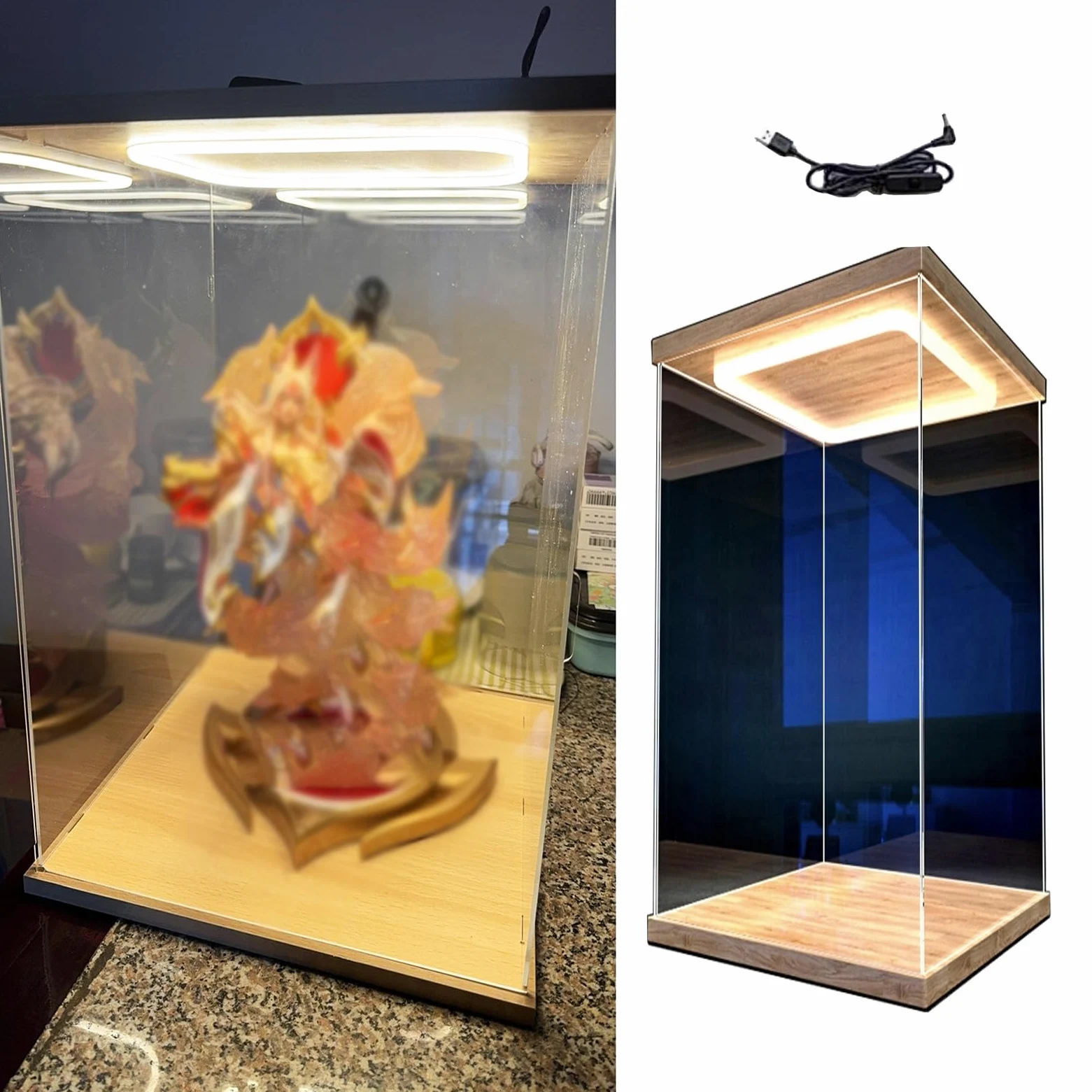 Espositore in acrilico trasparente per action figure da collezione, Bobbleheads e bambole, grande scatola portaoggetti illuminata con porta (30 x 30 x 30 cm)