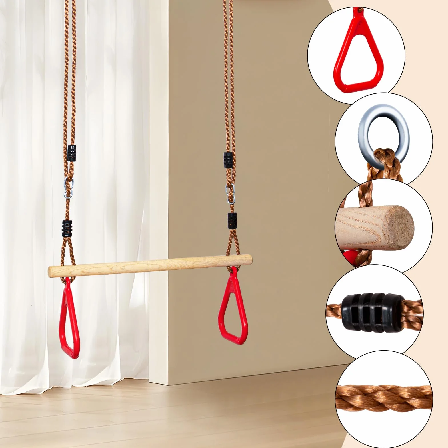Leogreen - Trapezio in Legno con Anelli da Ginnastica, Barra per Trazioni per Fitness all'Aperto, Colore Rosso