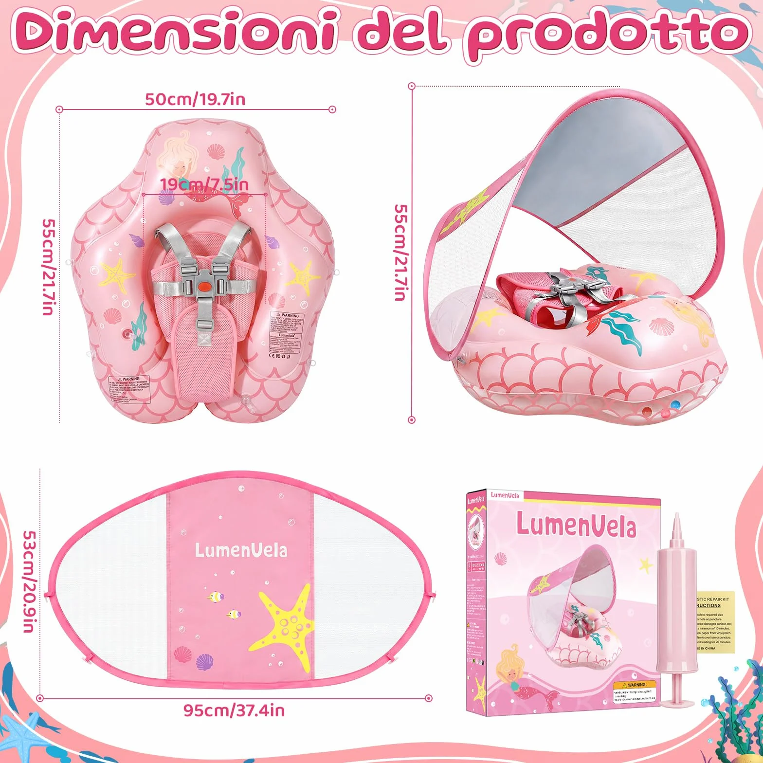 IEEILULU Salvagente Neonato, Ciambella Neonato Mare con Parasole Olare Rimovibile UPF50+, Salvagente Bambino con Adesivo di Riparazione per Piscina, Spiaggia, Vacanze da 6 a 36 Mesi