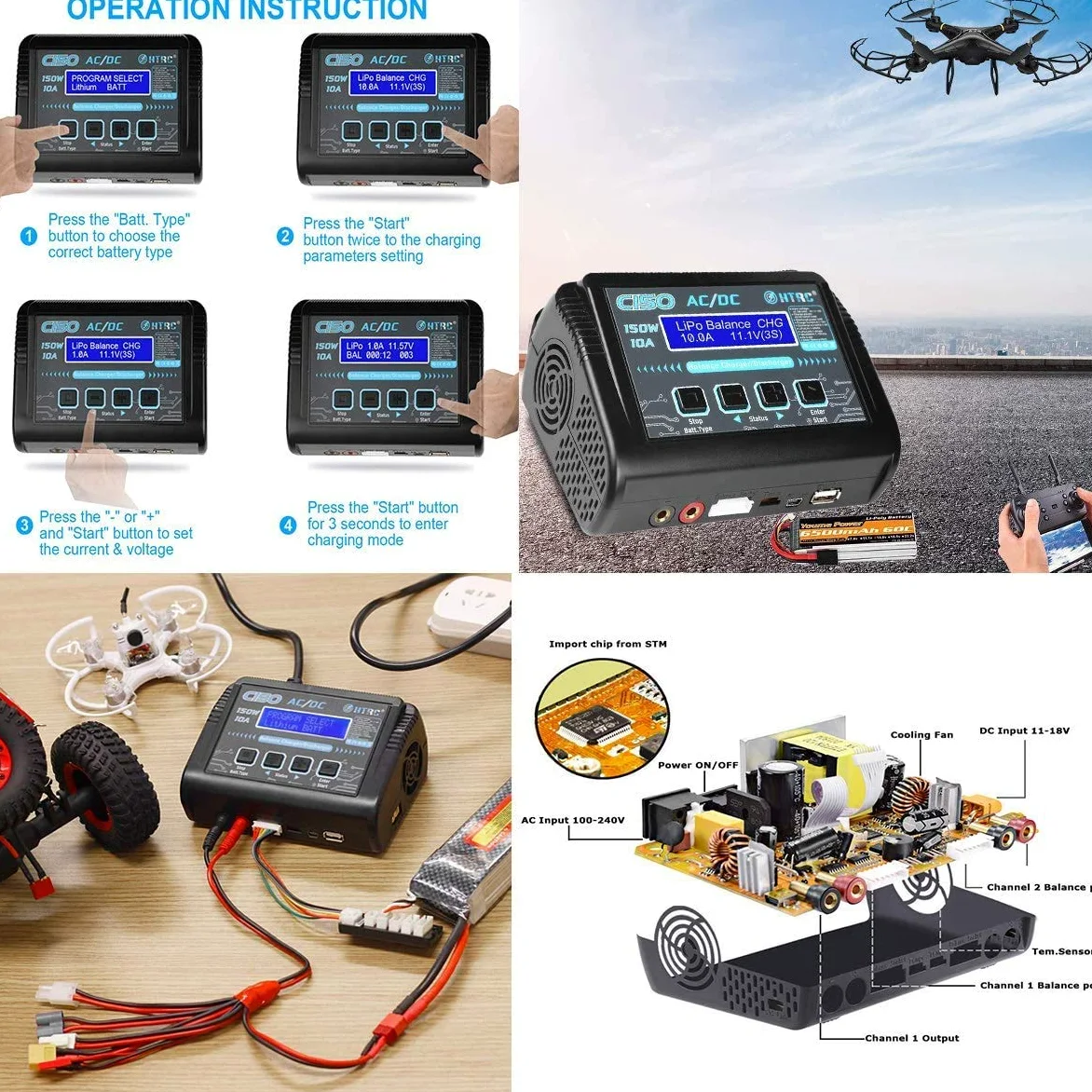 YUNIQUE GREEN-CLEAN-POWER - Caricabatteria Lipo RC C150 150W 10A | Compatibile con Batterie Tello DJI, 7.4V 1200mAh, 3.7V 2000mAh | Per Drone Radiofly Space Kondor, Nero