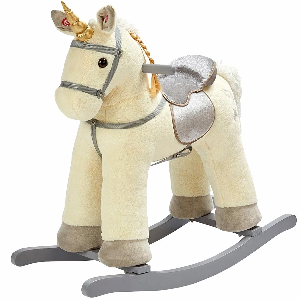 BAKAJI Unicorno a Dondolo Giocattolo per Bambini con Suoni Realistici, Cavallo Cavalcabile con Struttura in Legno e Tessuto, Gioco Prima Infanzia, Idea Regalo, 74 x 30 x 64 cm