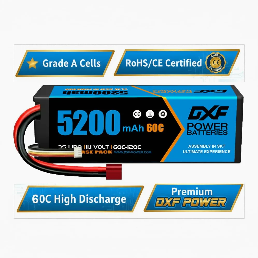 DXF Confezione da 2 confezioni da 3 batterie lipo 5200 mAh, 11,1 V, 60C, con spina Deans/T– lipo 3s perfetto per auto rc, aereo, elicottero, camion 3s lipo ideale per veicoli 1/8 e 1/10 come Tamiya