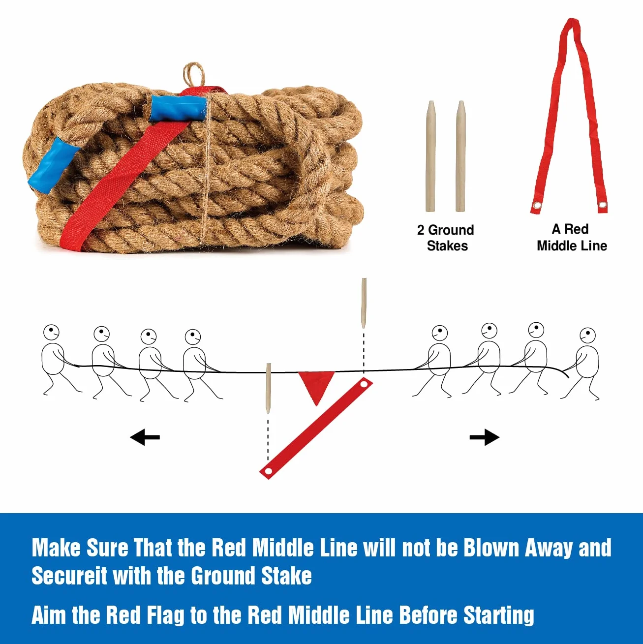 Corda da tiro alla fune con bandiera, per bambini e adulti, morbida corda in fibra di iuta naturale, per feste in campo, team building, feste, campeggio, cortile, giochi all'aperto, lunghezza 6 m,