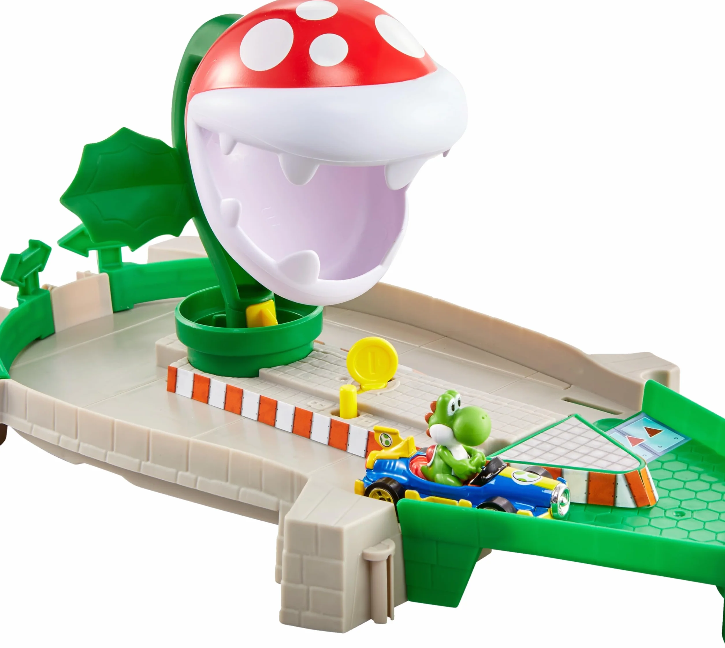 Hot Wheels Mario Kart Pista Piranha con Personaggio Yoshi in Macchinina, Giocattolo per Bambini 5+ Anni, Multicolore, GFY47