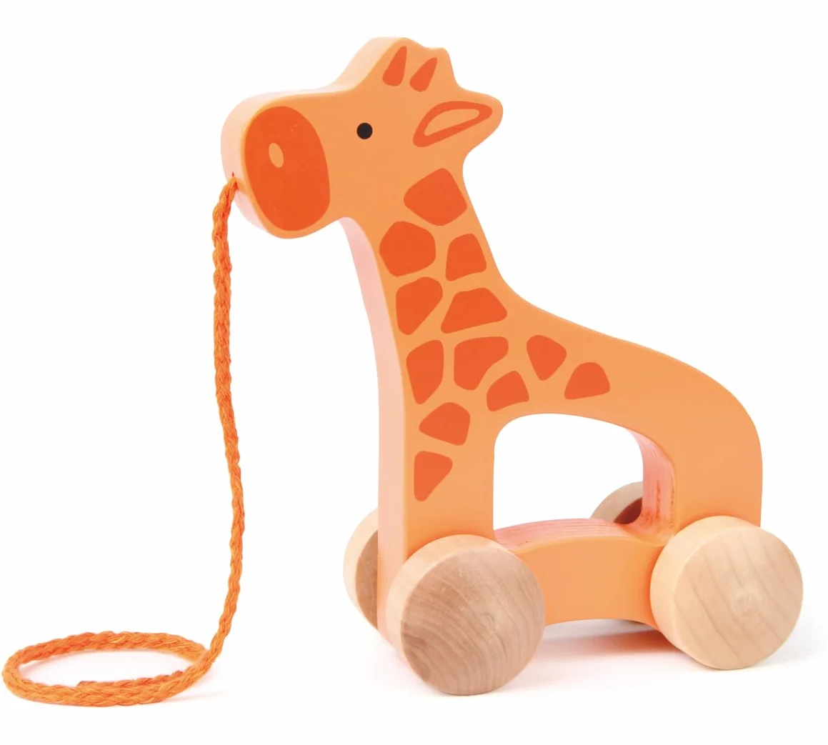 Hape - Giraffa Spingi&Tira | Animali in legno trainabili con cordino e rotelle - Push&Pull Toys per bambini dai 12 mesi