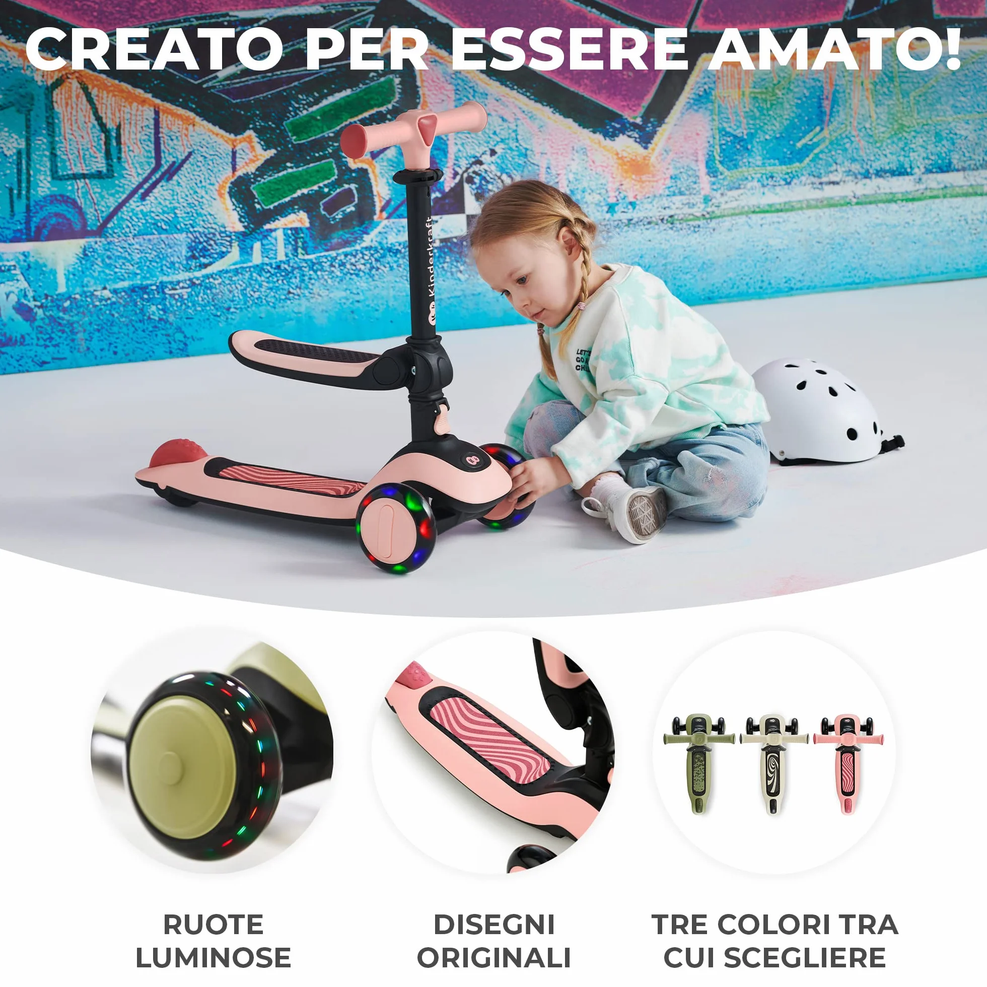 Kinderkraft HALLEY 2 in 1 Bicicletta Senza Pedali e Monopattino con Ruote LED, Rosa