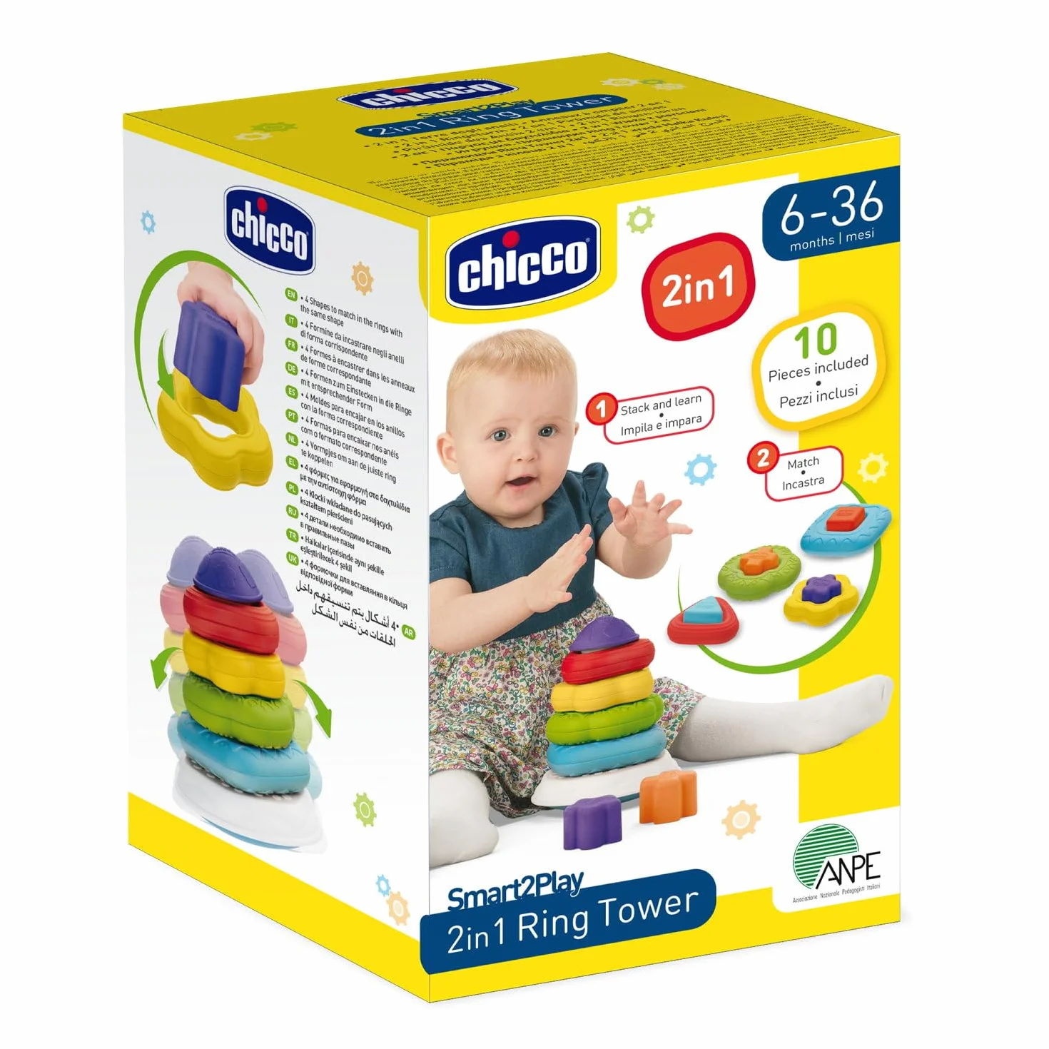 Chicco Torre Anelli 2in1 Gioco Impilabile, Centro attività, Gioco Forme Incastri e Texture Differenti, Sviluppo Manualità e Coordinazione, Regalo Bambino, 6-36 Mesi