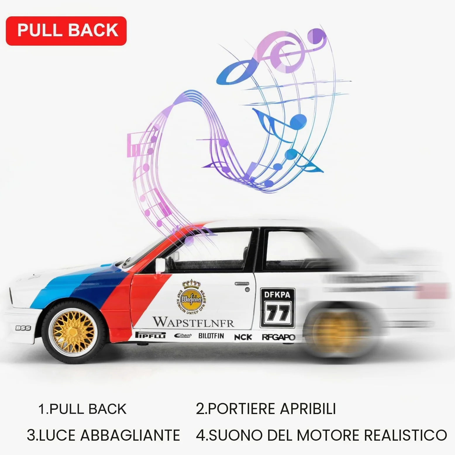 imtfzct Modellino auto 1/24 M3 in versione laccata, auto giocattolo in alluminio pressofuso con funzione audio e luce e funzione pull-back, modello da collezione, regalo per bambini (bianco)