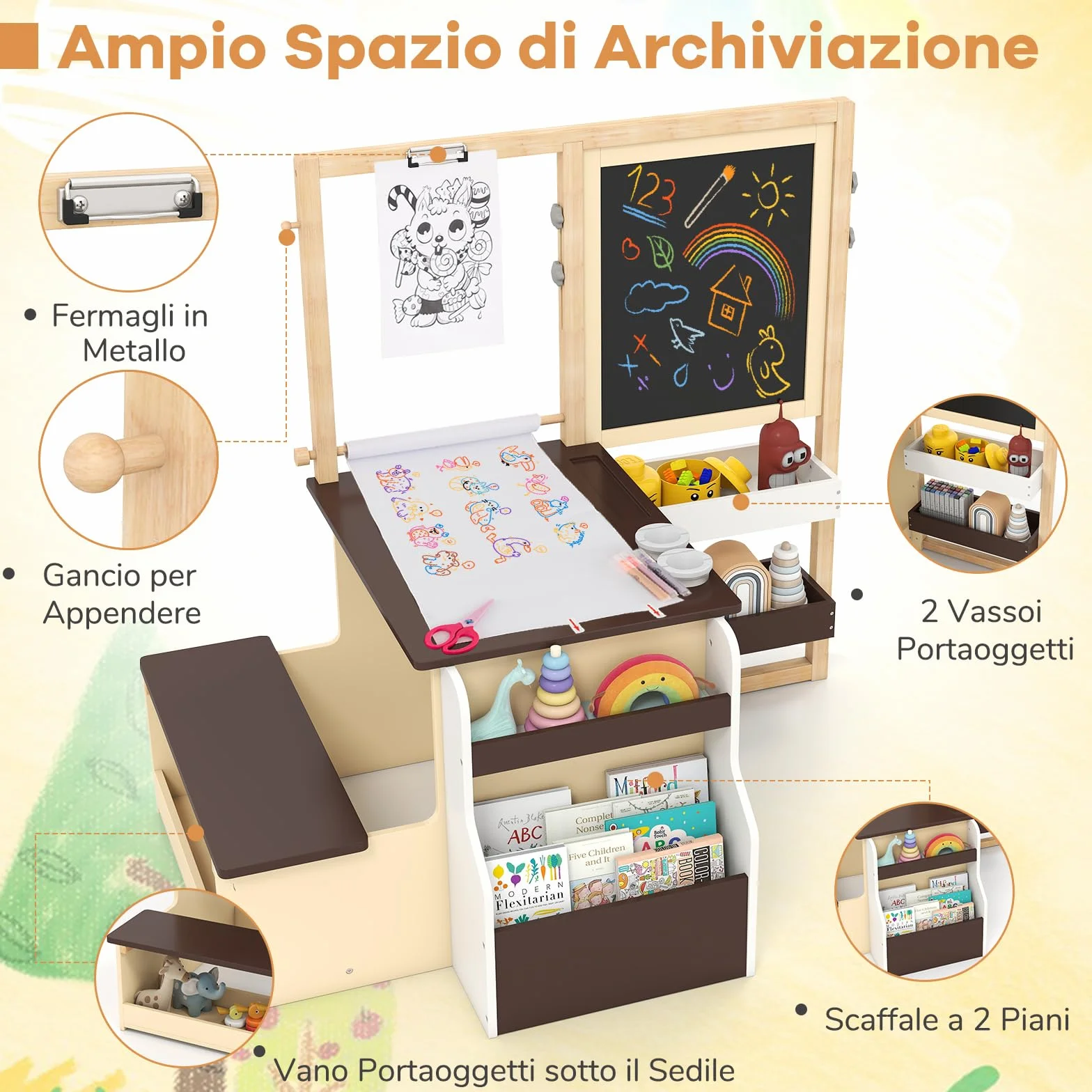 GYMAX Set di Cavalletto con Tavolo e Panca per Bambini, Scrivania Multifunzionale in Legno con Lavagna Bifacciale (Caffè)