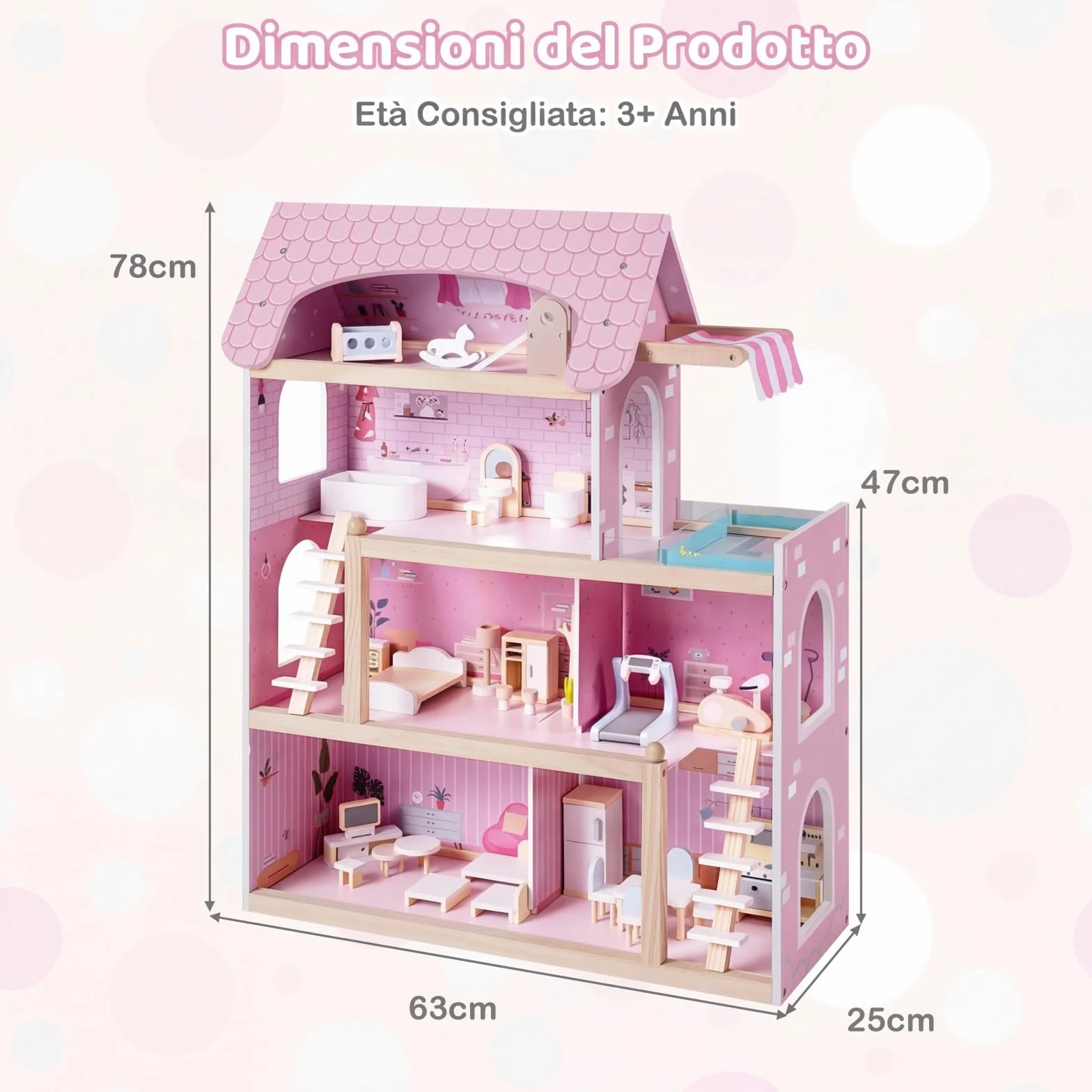 COSTWAY Casa delle Bambole in Legno, Casa Bambole con 4 Piani, 6 Stanze, Terrazza, Piscina e Scale, Casetta Giocattolo Educativo con 33 Mobili Accessori, per Bambini 3+ Anni, 63 x 25 x 78 cm (Rose)