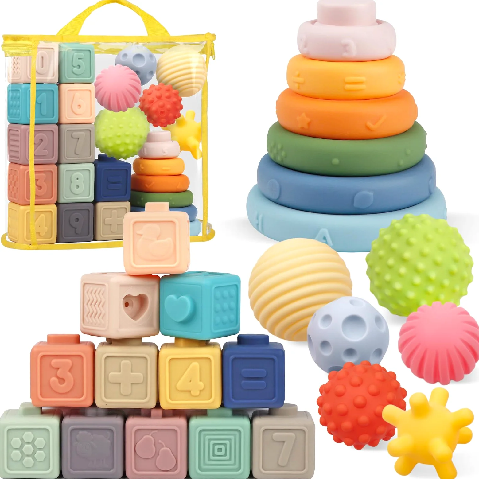 Plunack Giocattoli Montessori per Bambino 18 Mesi - Soft Building Blocks giochi Sensoriali impilabili con Anelli