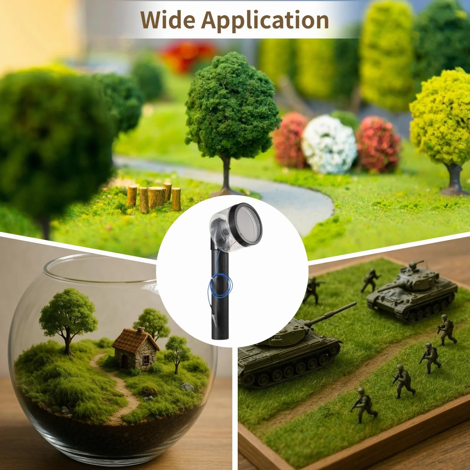 PONDON Kit per l'applicazione di erba statica, 8 pezzi, con 6 colori di erba, in miniatura, paesaggi in miniatura, con spazzola, alimentazione a batteria