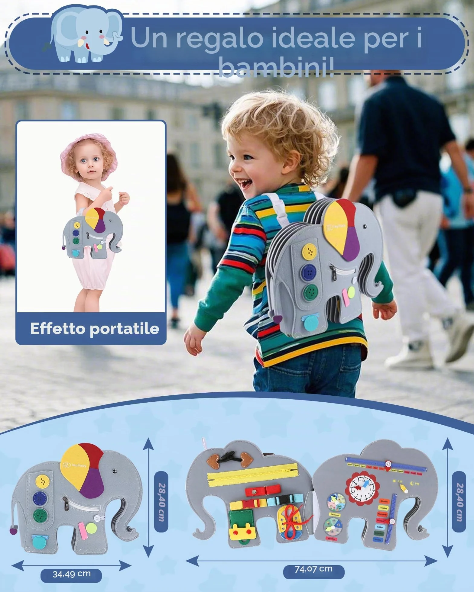 Heypappy Busy Board 12 in 1 Montessori Feltro Libro Sensoriale Educativo Giocattolo Abilità Motorie con Zaino Regalo