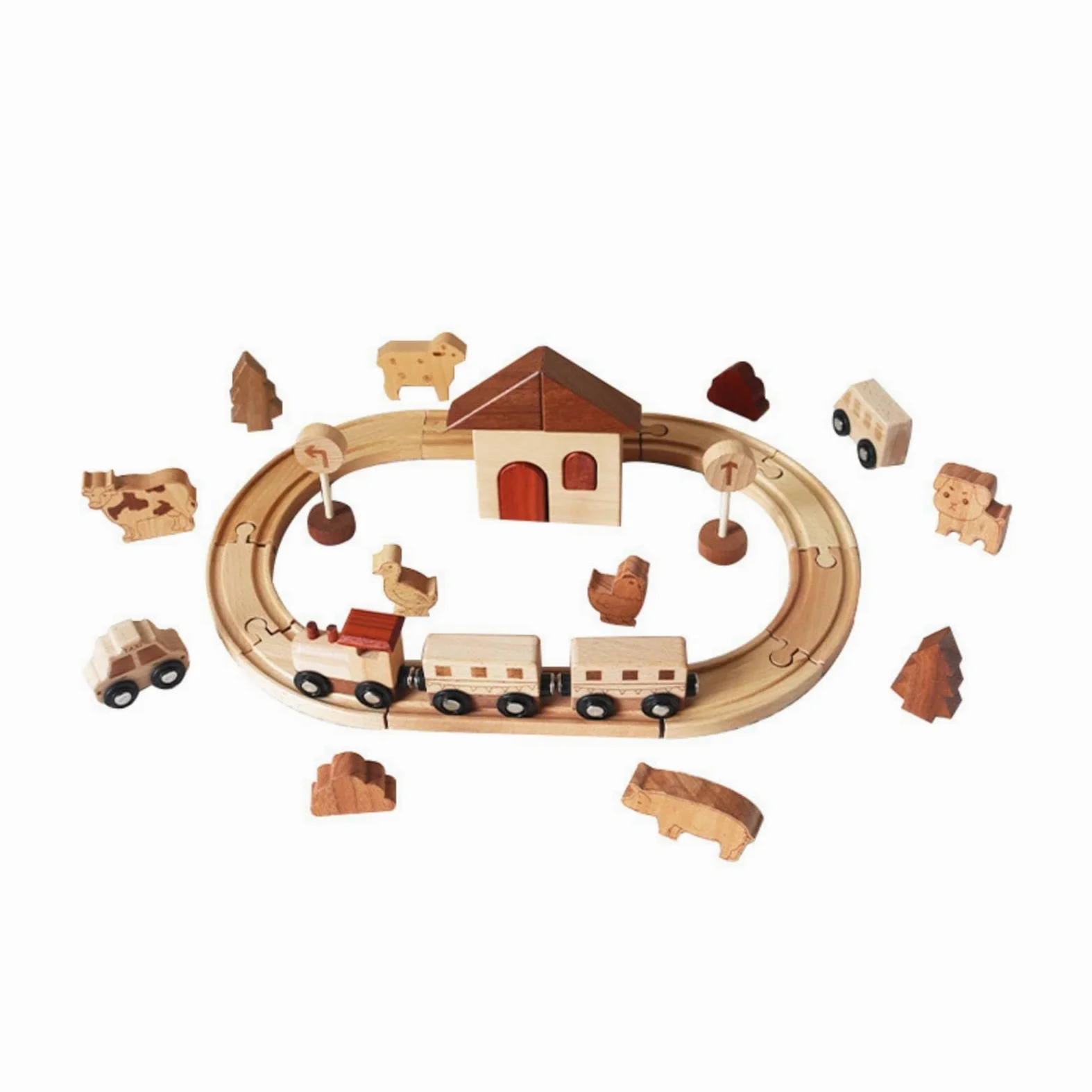 kowaku Set Ferroviario Legno Colori Rosso Marrone e Beige Pezzi Ad Incastro Trenino Giocattolo in Legno per Bambini