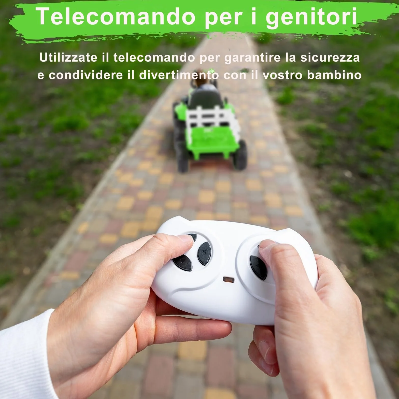 LALAHO trattore elettrico per bambini 12V con luci a LED, trattore telecomandato, musica, 3-8km/h, rimorchio staccabile (Verde chiaro)