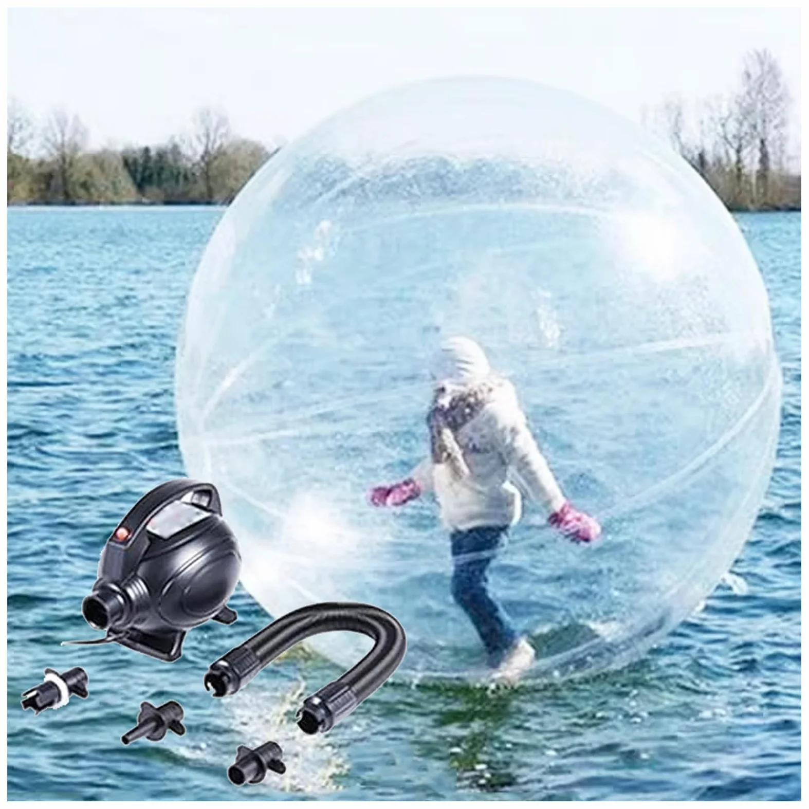 Palla gonfiabile da passeggio in acqua da 1,5/1,8/2/2,5 m, in PVC, per spiaggia e attrezzature per l'intrattenimento, trasparente, con pompa ad aria elettrica e cerniera,1.8m
