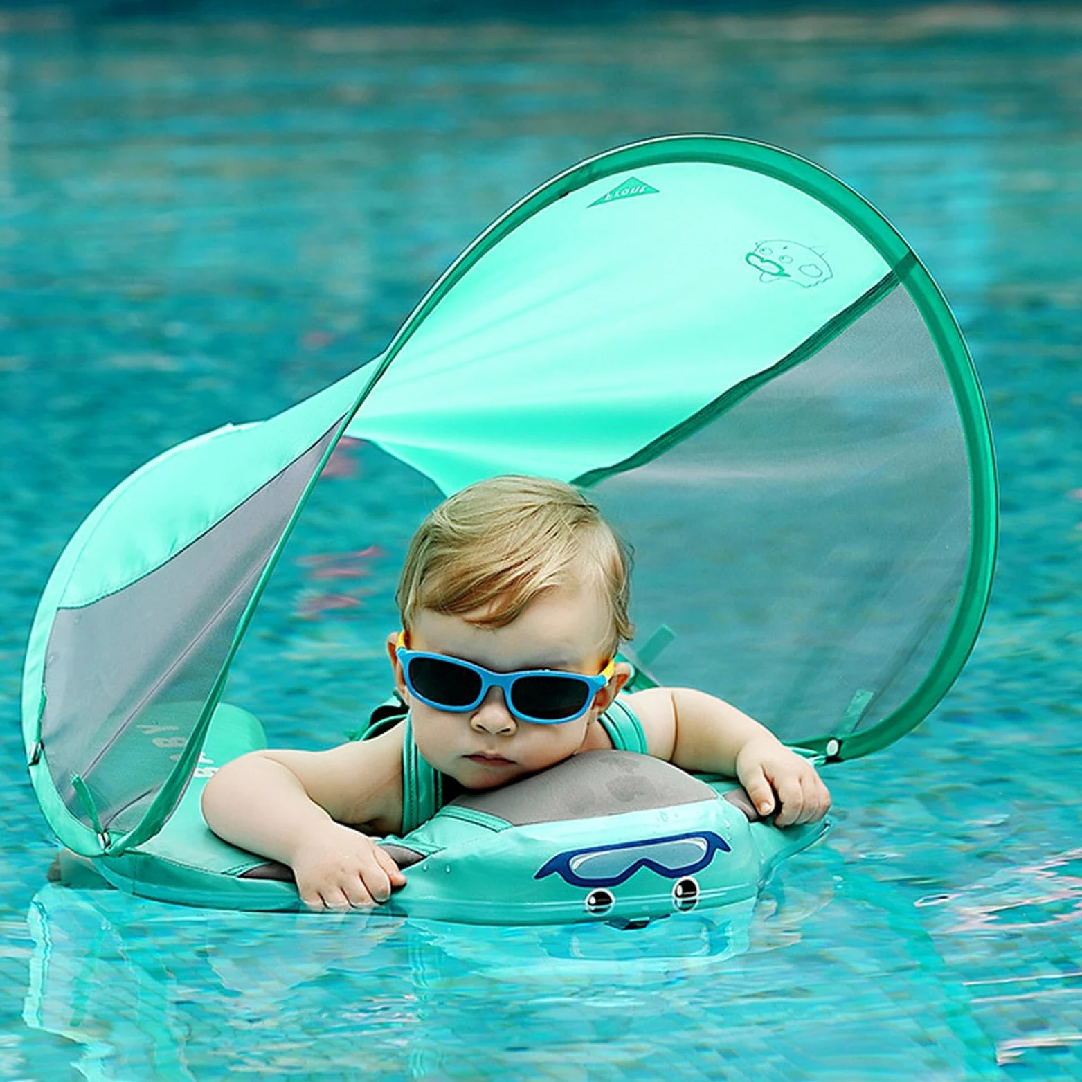 Aiuto per il nuoto per bambini con tettuccio parasole, con protezione solare UPF50+, per bambini dai 3 ai 24 mesi, per il mare, la vasca da bagno e i viaggi