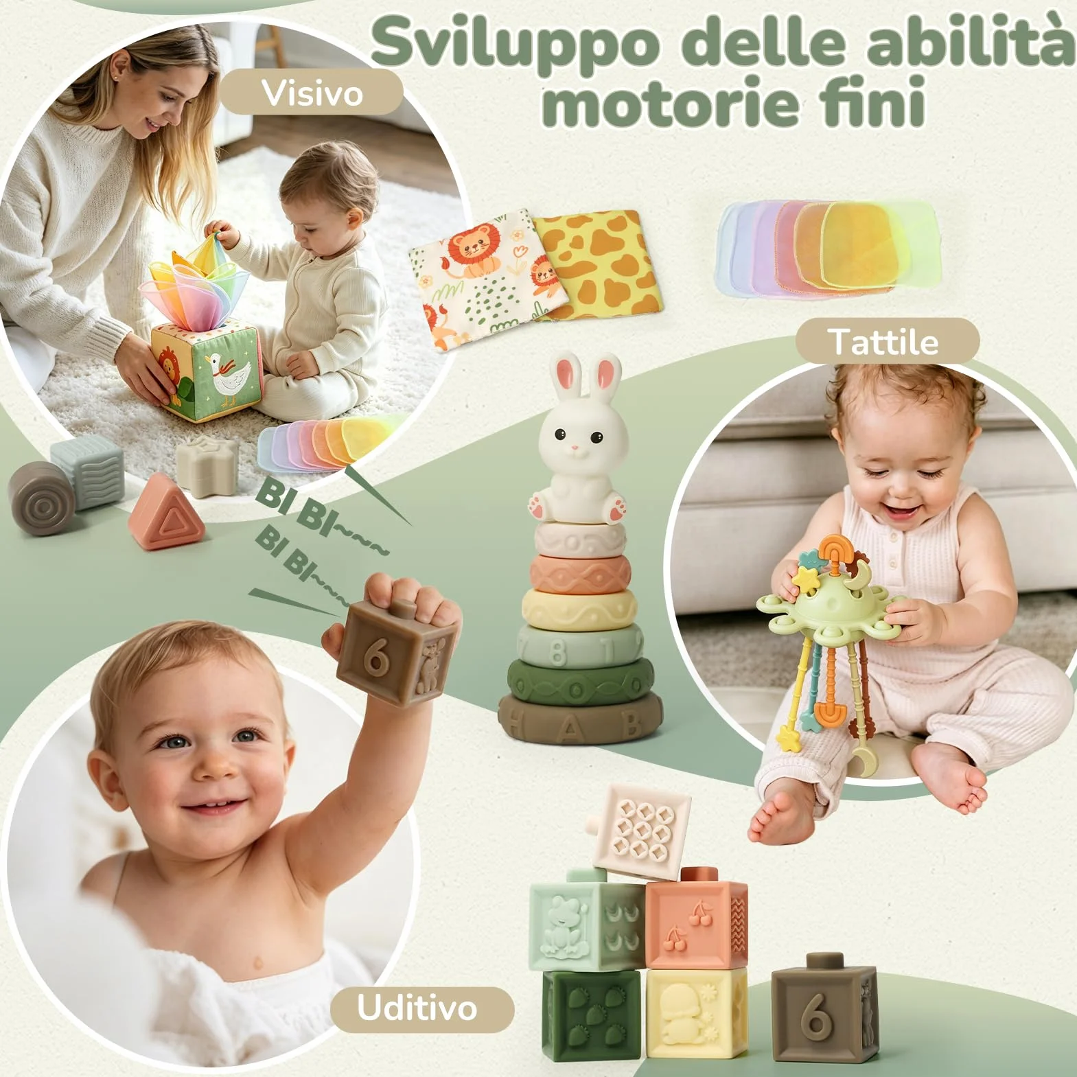 Giochi Montessori 6 Mesi 5 in 1 con Scatola Fazzoletti, Impilabili, Classificazione, Tirare Corda Regalo Bambino 8-12 Mesi