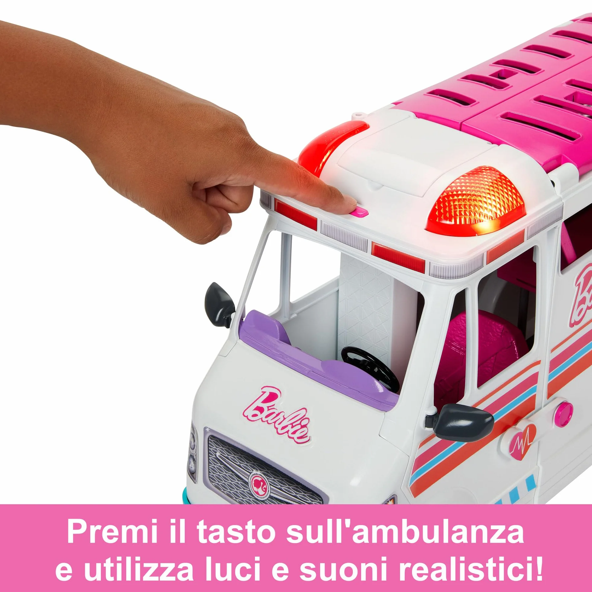 Barbie - Playset Ambulanza, veicolo di primo soccorso con luci, suoni e 20+ accessori, giocattolo per bambini, 3+ anni, HKT79