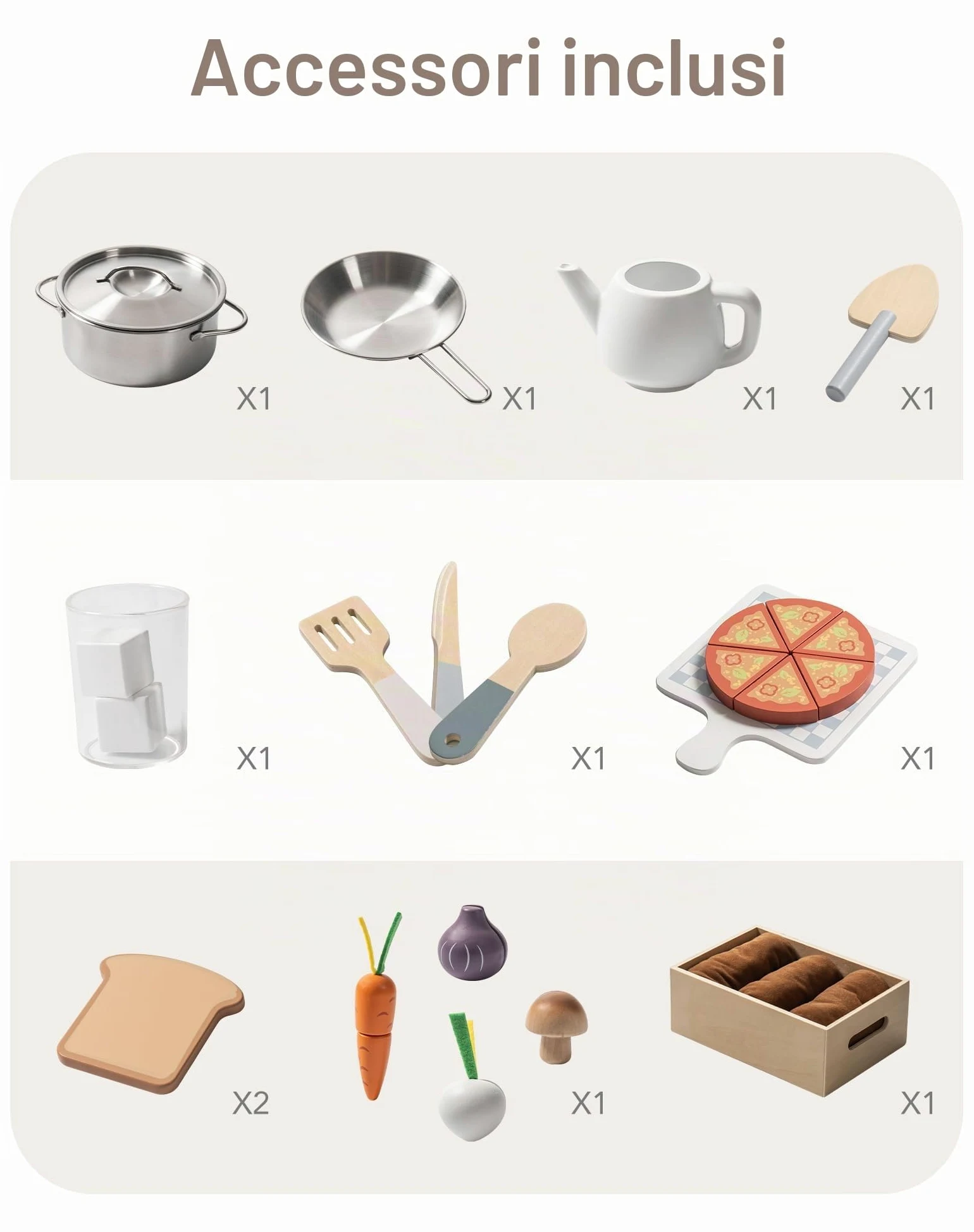 ROBUD Cucina Giochi per Bambini, Cucina in Legno con Fioriera, Tostapane e Macchina per il Gelato, Set da Gioco con Accessori per la Cucina, Pizza, Regalo per Bambini dai 3 Anni in Su