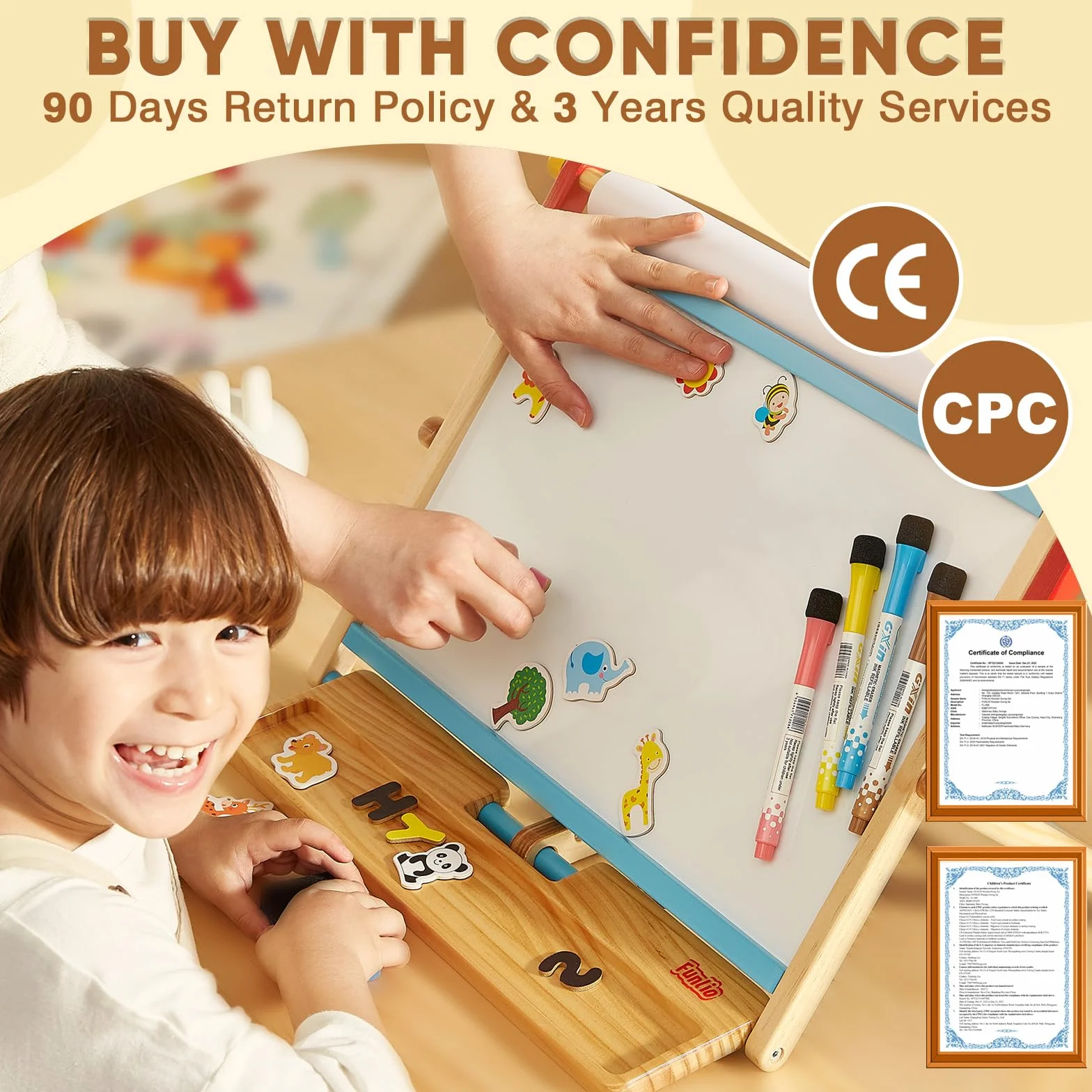 FUNLIO Cavalletto da Tavolo 3-in-1 per Bambini 3+ (100+ accessori), Lavagnetta Magnetica in Legno, Lavagna Cancellabile per Bambini con Rotolo Carta, 3 Angoli Regolabili, Pieghevole - Blu