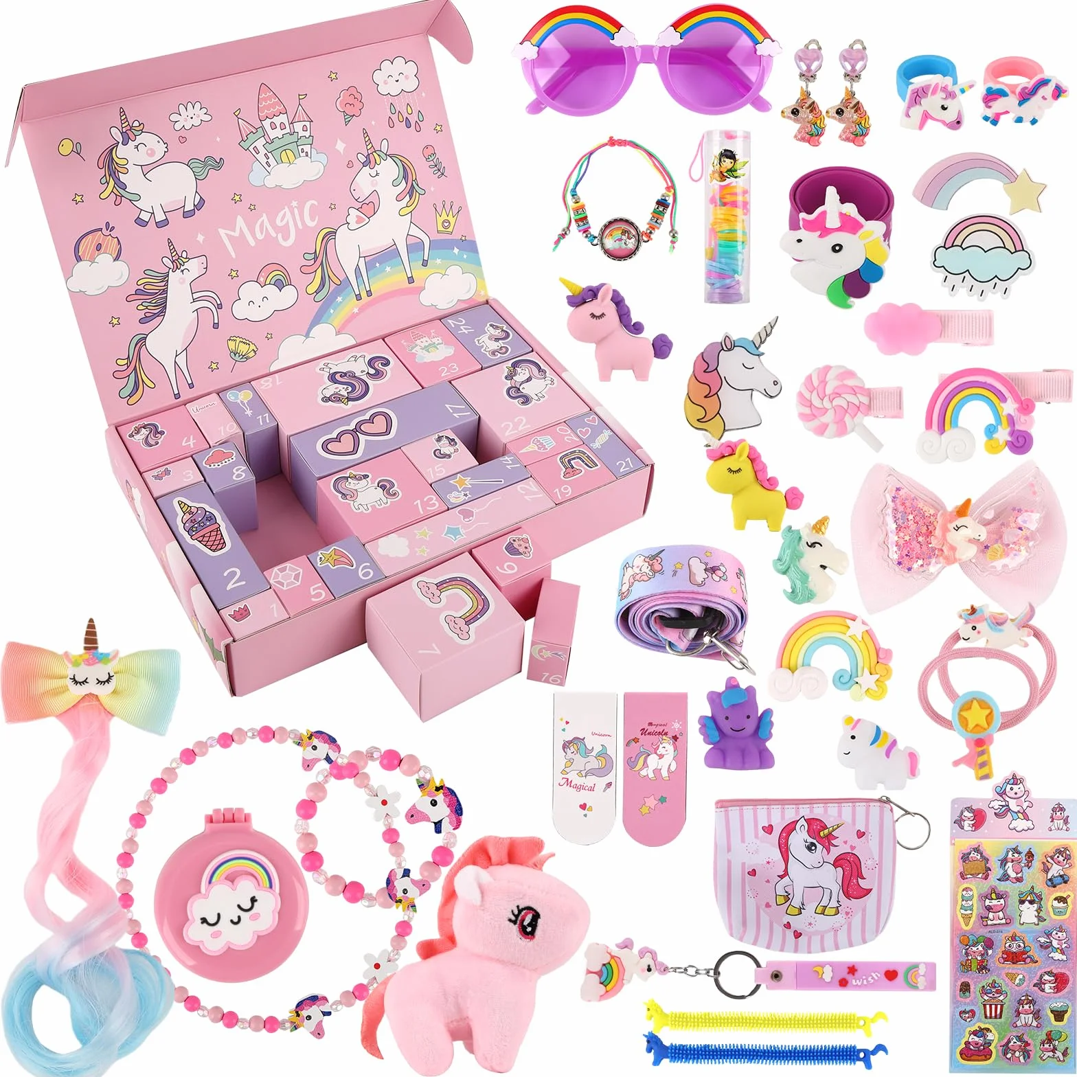Calendario Avvento Bambina, Regalo di Natale con 24 Giorni di Sorprese, Regali Unicorno per Bambine e Bambini, Inclusi Giocattoli e Accessori per Capelli
