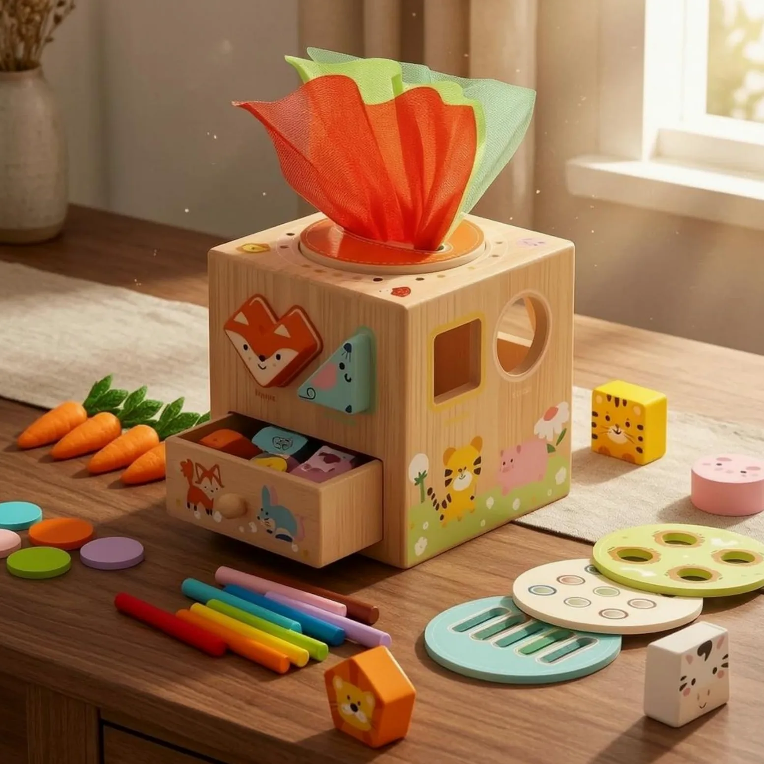 Qianly Cubo attività Educativo Apprendimento Precoce Cubo Multiattività in Legno Coordinazione Occhio-Mano Classificatore di Forme in Legno