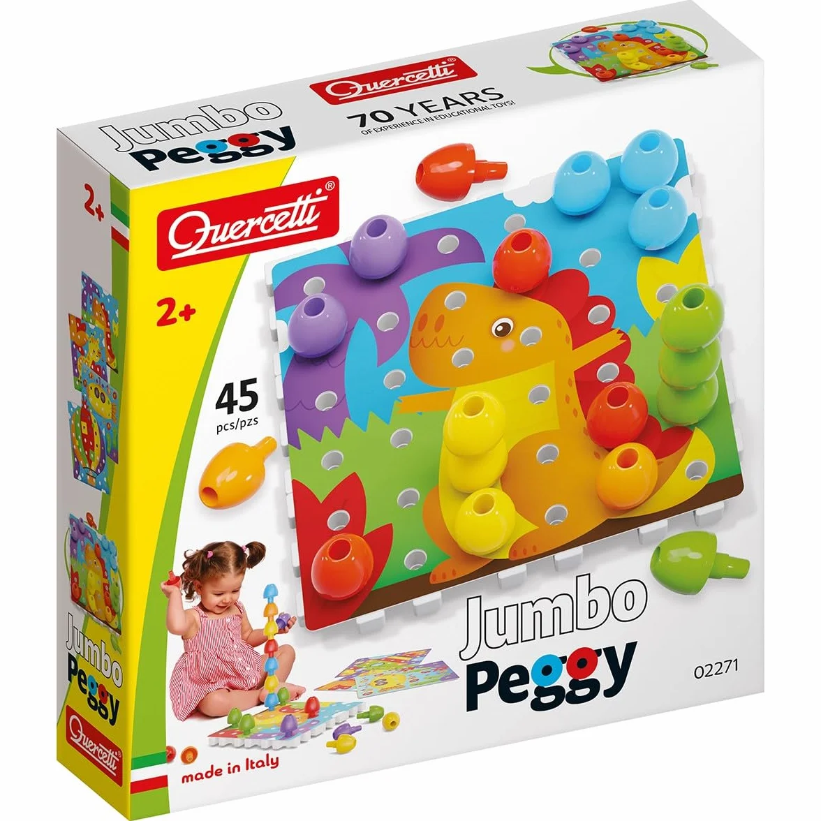 Quercetti Jumbo Peggy Bio, Mosaico Bambini, Giochi Bambini 2 Anni fino ai 5 Anni, Chiodini per Bambini 3 Anni, Costruzioni per Bambini 3 Anni con 36 Chiodini, 9 Piastre e 4 Schede, Made in Italy