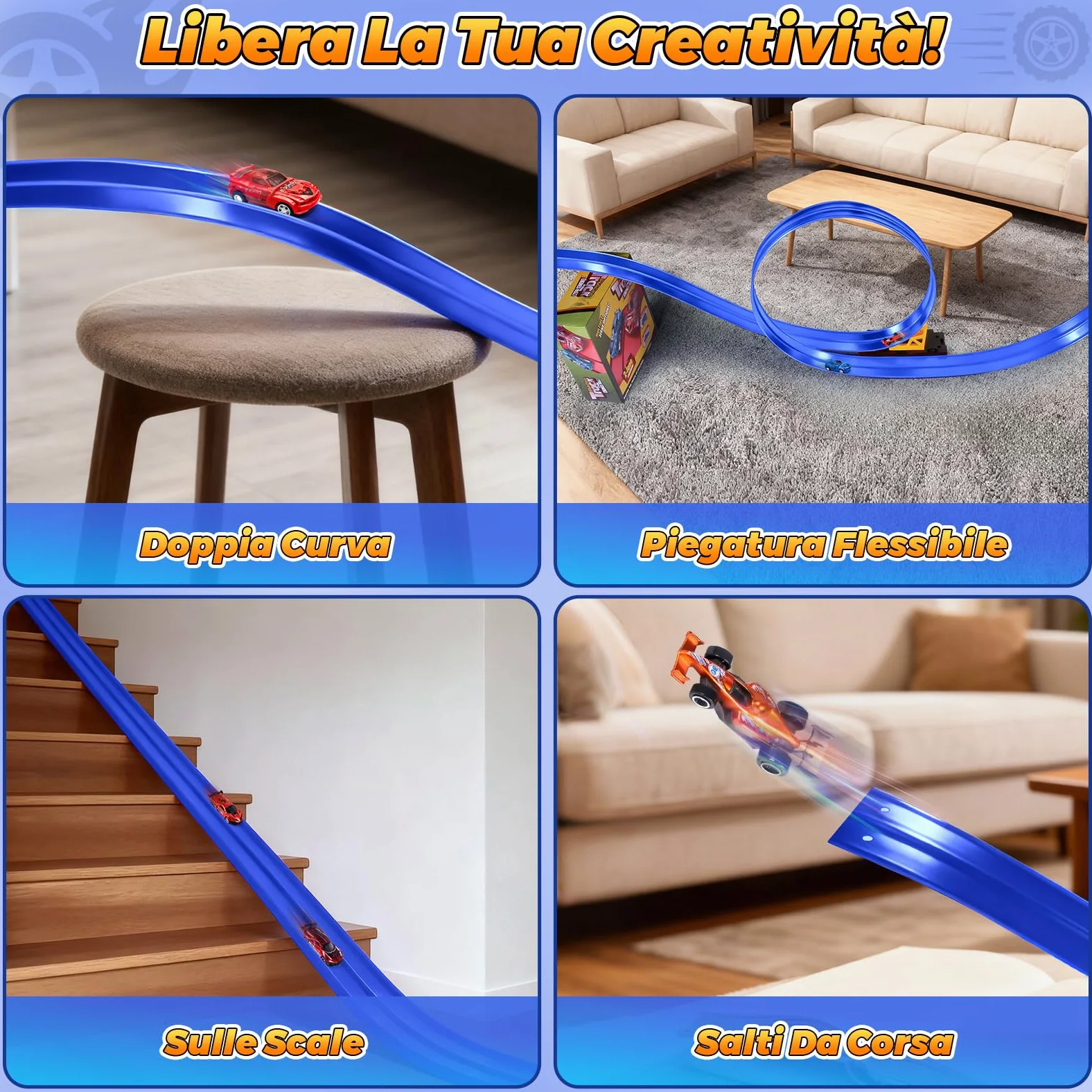 Pista Macchinine 5M Pista Flessibile Macchinine 4 Macchinine 2 Rampe 1 Borsa Portaoggetti 4 Ventose Regalo Flexible Car Track per Bambini 4 5 6 7 Anni (Blu)